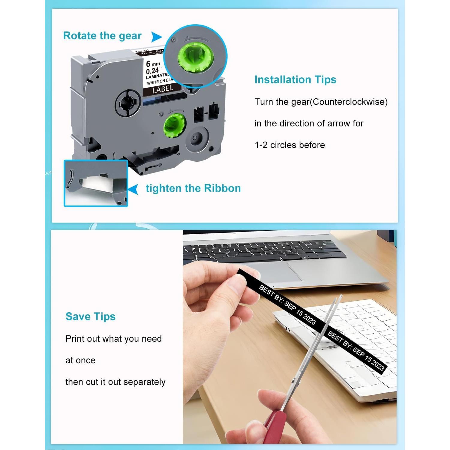Cinta de Etiqueta Laminada RAEMALL TZe-315 6mm Negro sobre Blanco