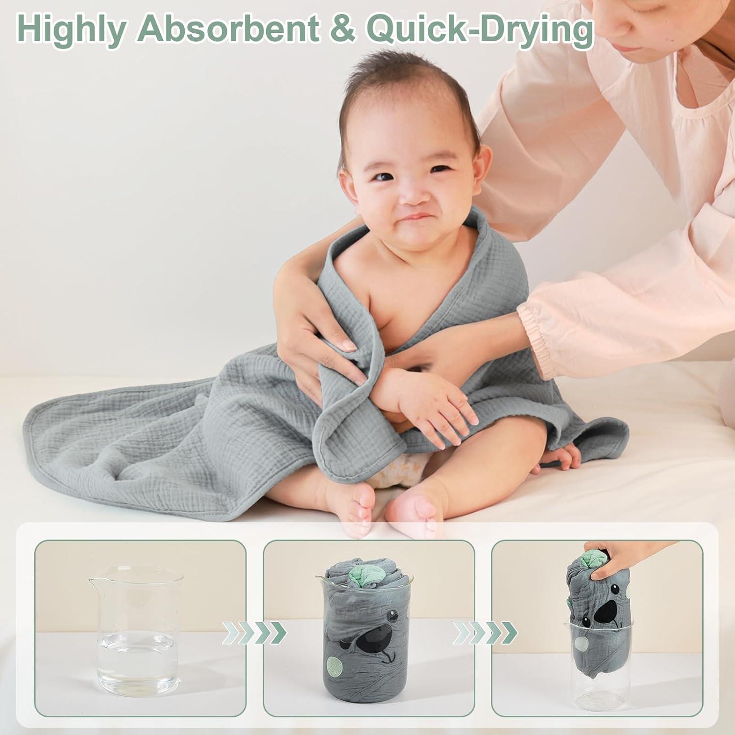 Toalla de Baño para Bebés FIOBEE 100% Muselina Oso Gris 76x76cm