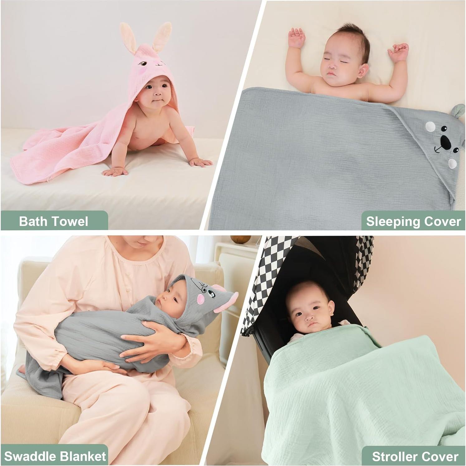 Toalla de Baño para Bebés FIOBEE 100% Muselina Oso Gris 76x76cm