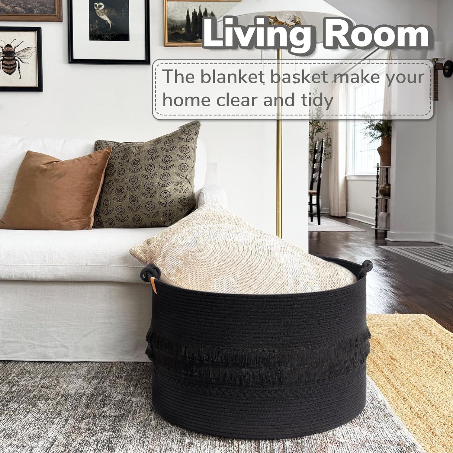 Canasta Grande de Almacenamiento CherryNow 56x36cm Algodón Negro