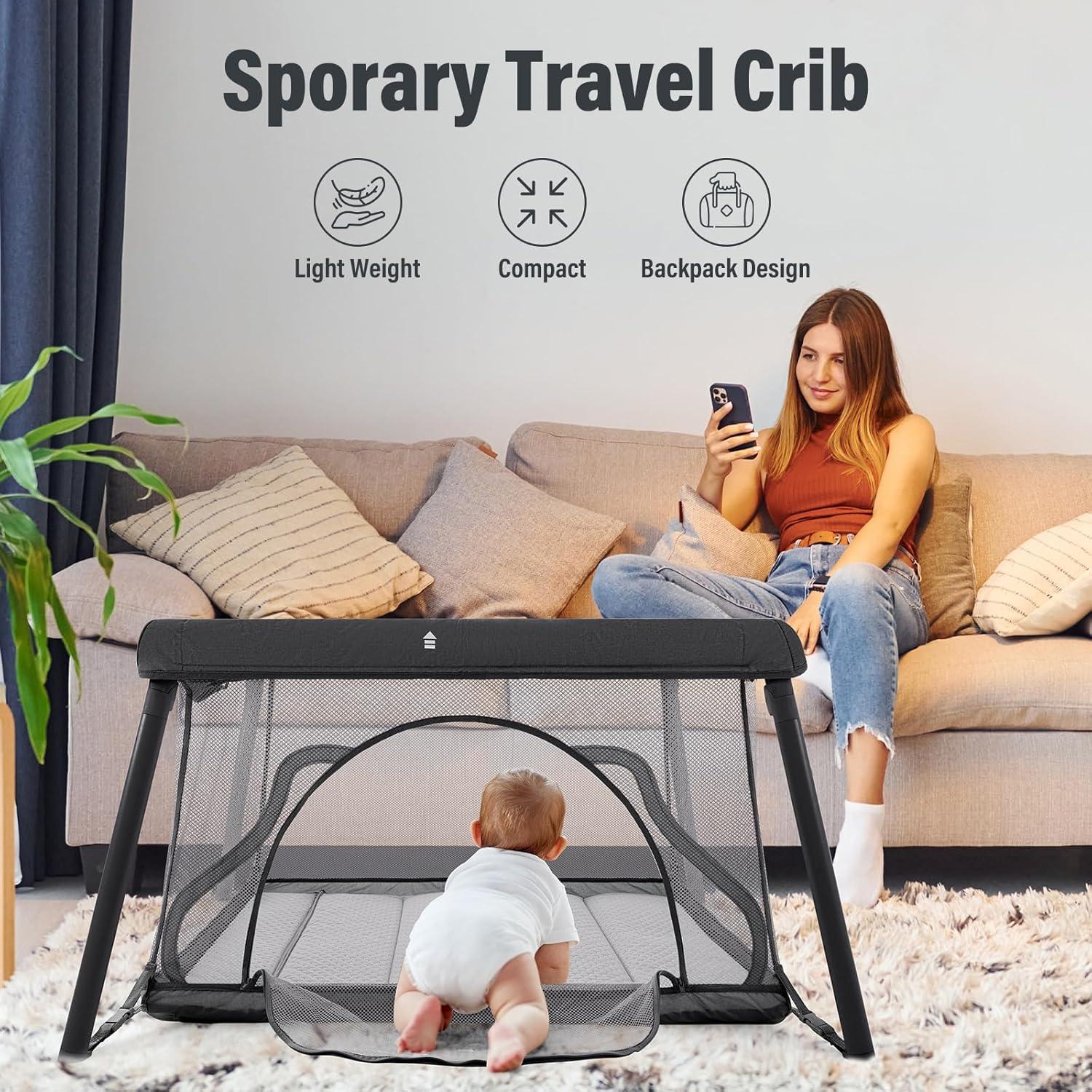 Cuna de viaje portátil Sporary gris oscuro 96x76cm liviana