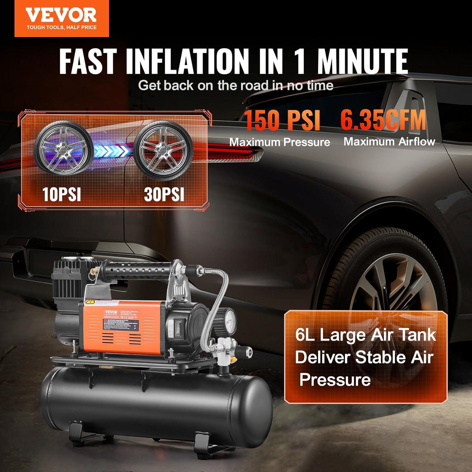 Compresor de Aire VEVOR 12V 150PSI con Tanque 6L y Manómetro