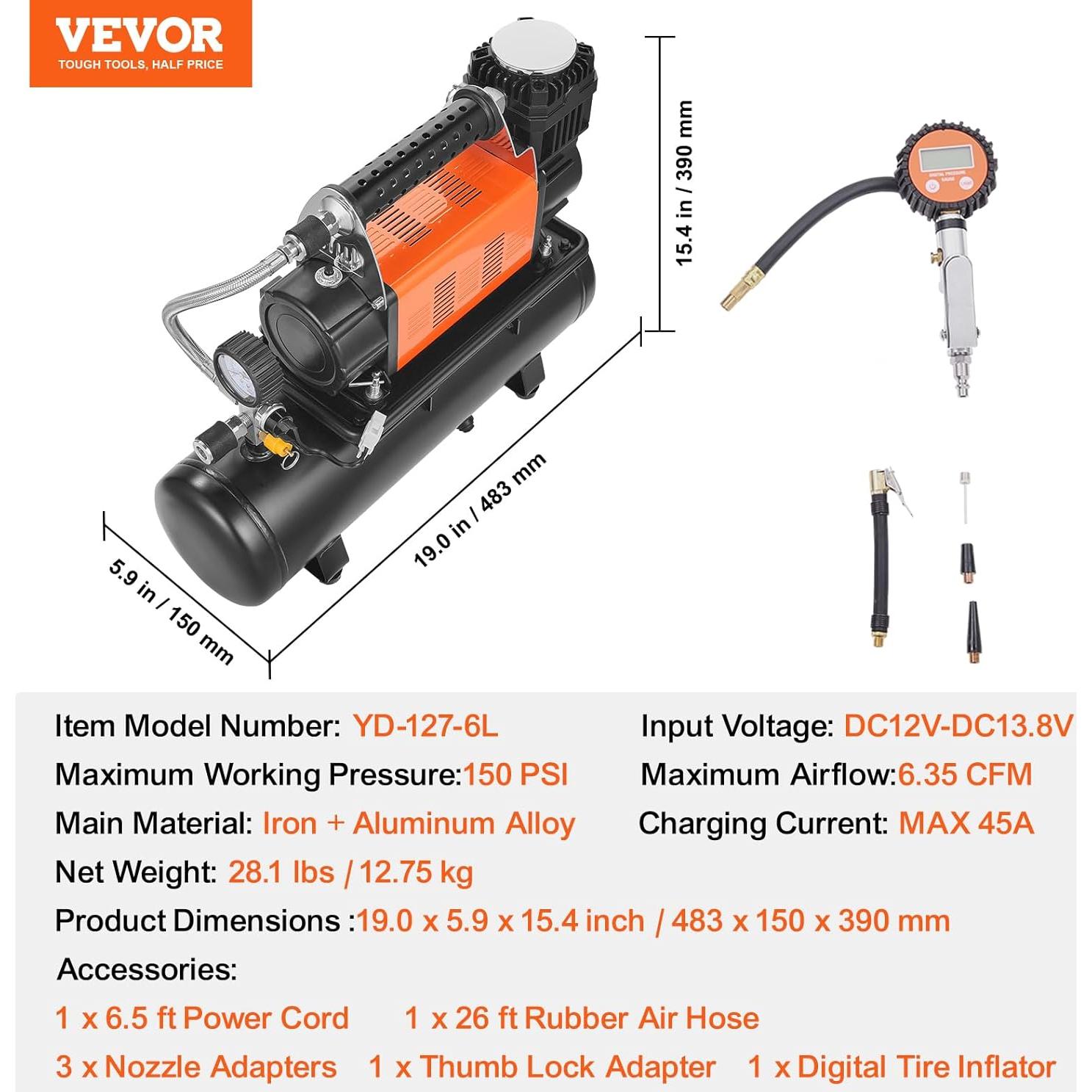 Compresor de Aire VEVOR 12V 150PSI con Tanque 6L y Manómetro