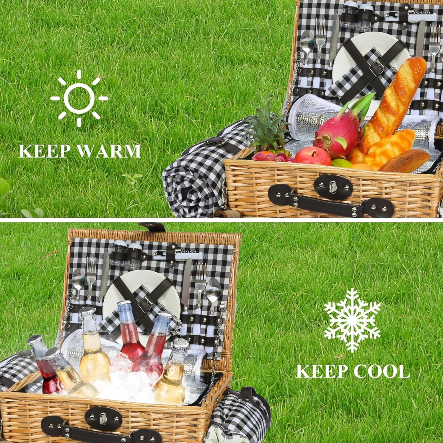 Cesta de Picnic para 2 HYBDAMAI con Manta Impermeable y Enfriador