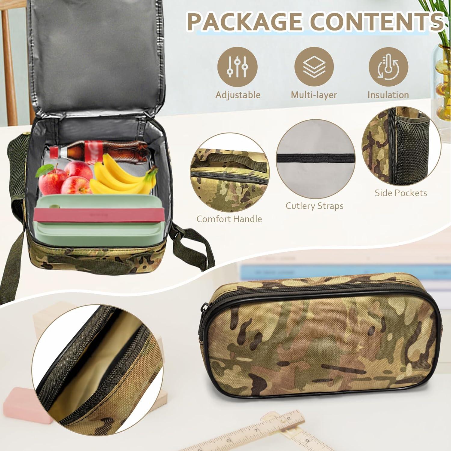 Set de Mochila Camo para Niños con Estuche y Almuerzo