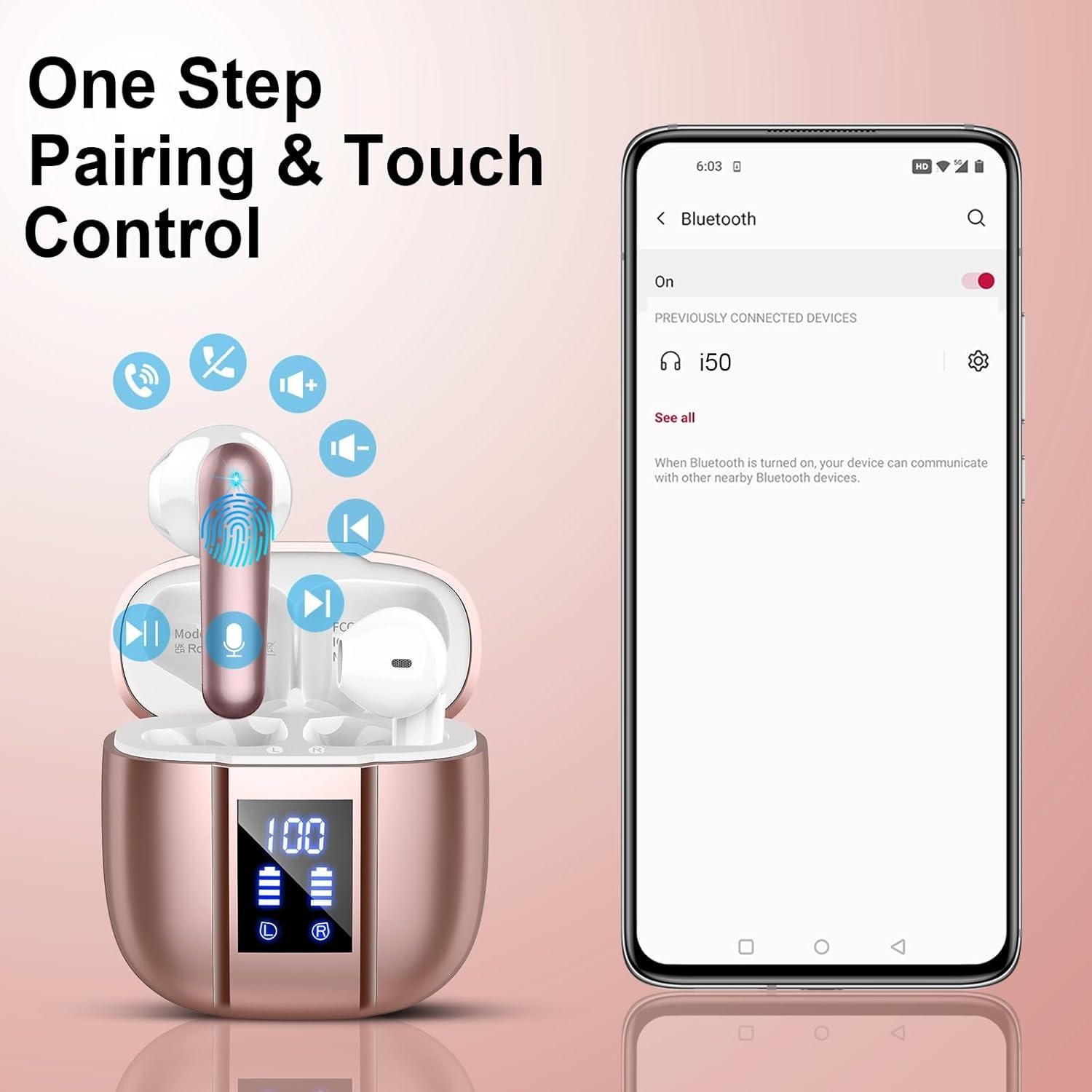 Auriculares Inalámbricos Bluetooth 5.4 EVATOST I50 Oro Rosa