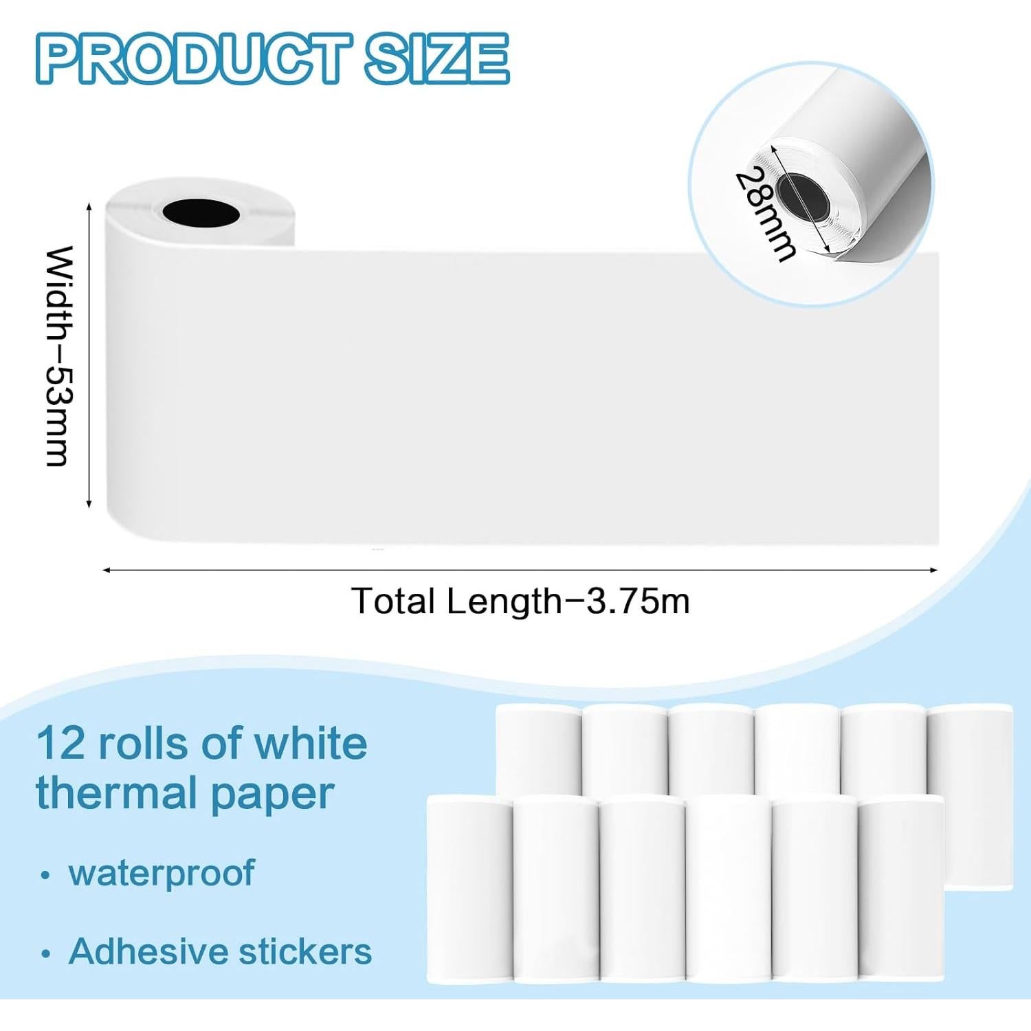 12 Rollos Papel Térmico Autoadhesivo BYBOUS 53mm x 3.75m