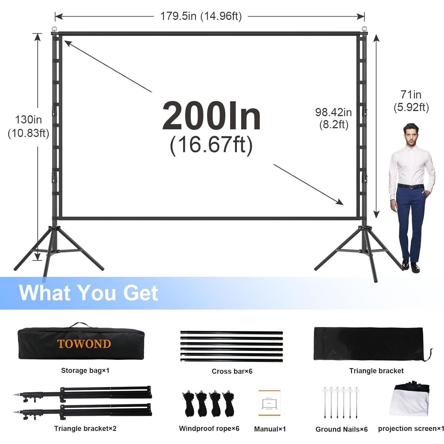 Pantalla de proyector 200" Towond HD Doble Cara 16:9 Portátil