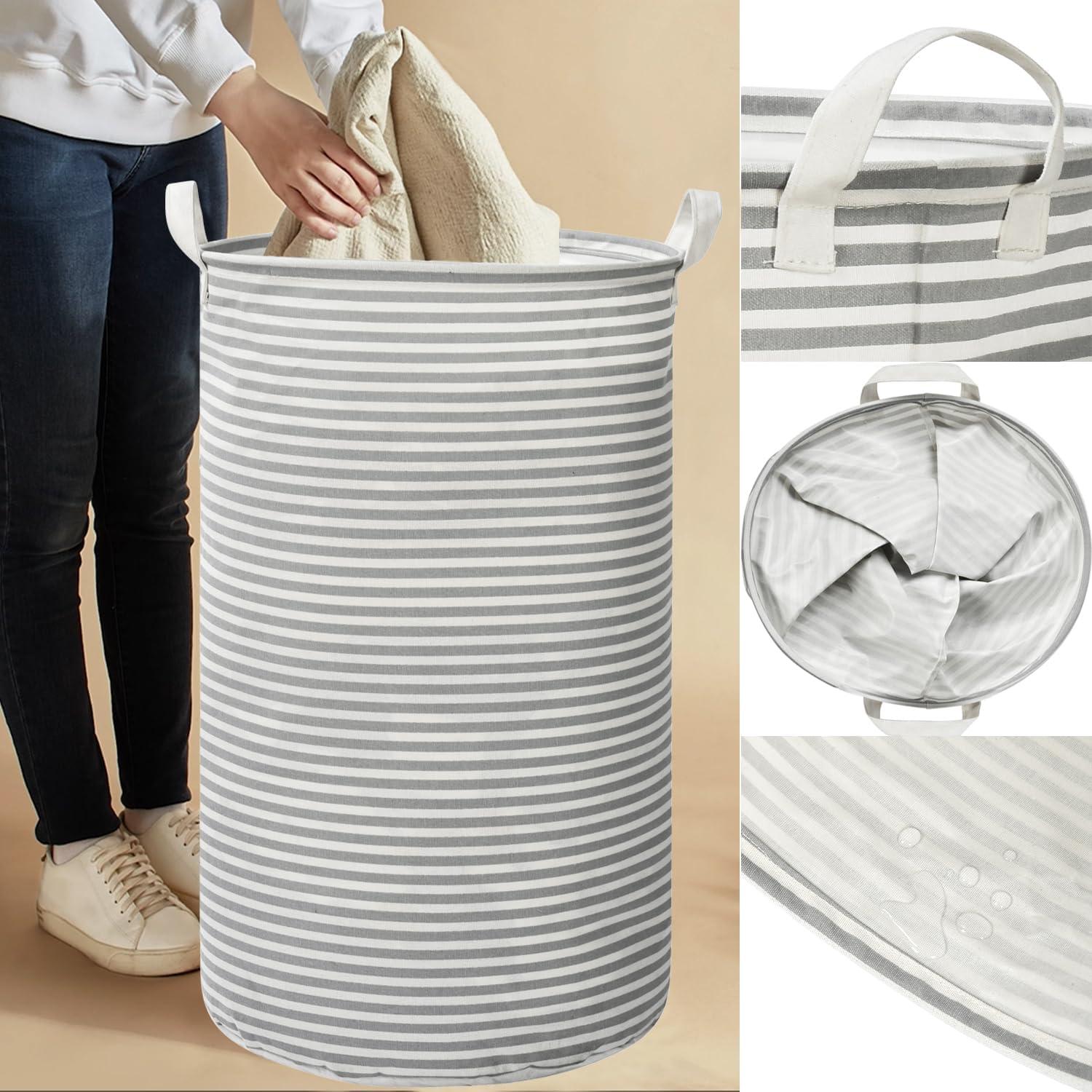 Cesta de Ropa Plegable Haungry 82L Rayas Grises Alta 62cm