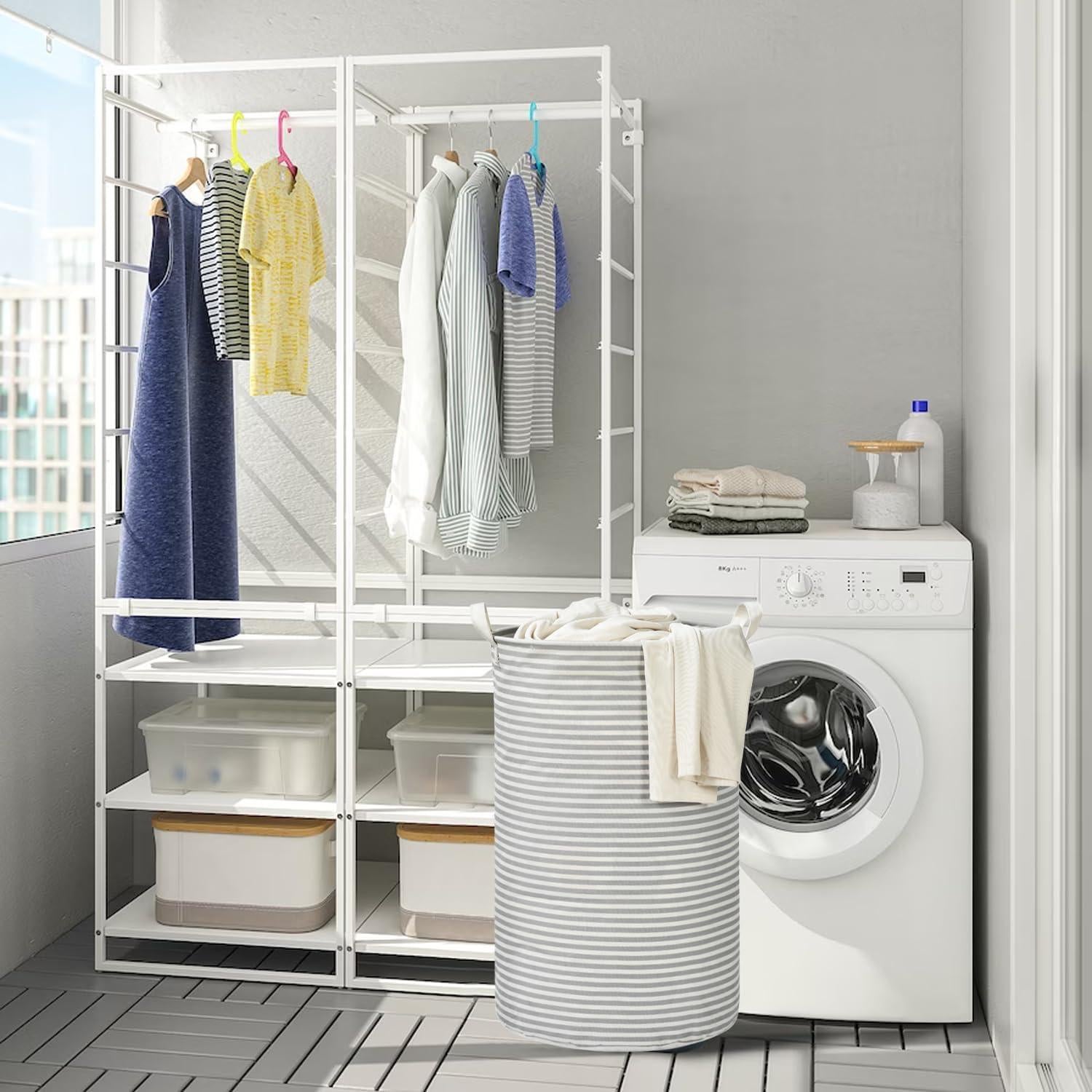 Cesta de Ropa Plegable Haungry 82L Rayas Grises Alta 62cm