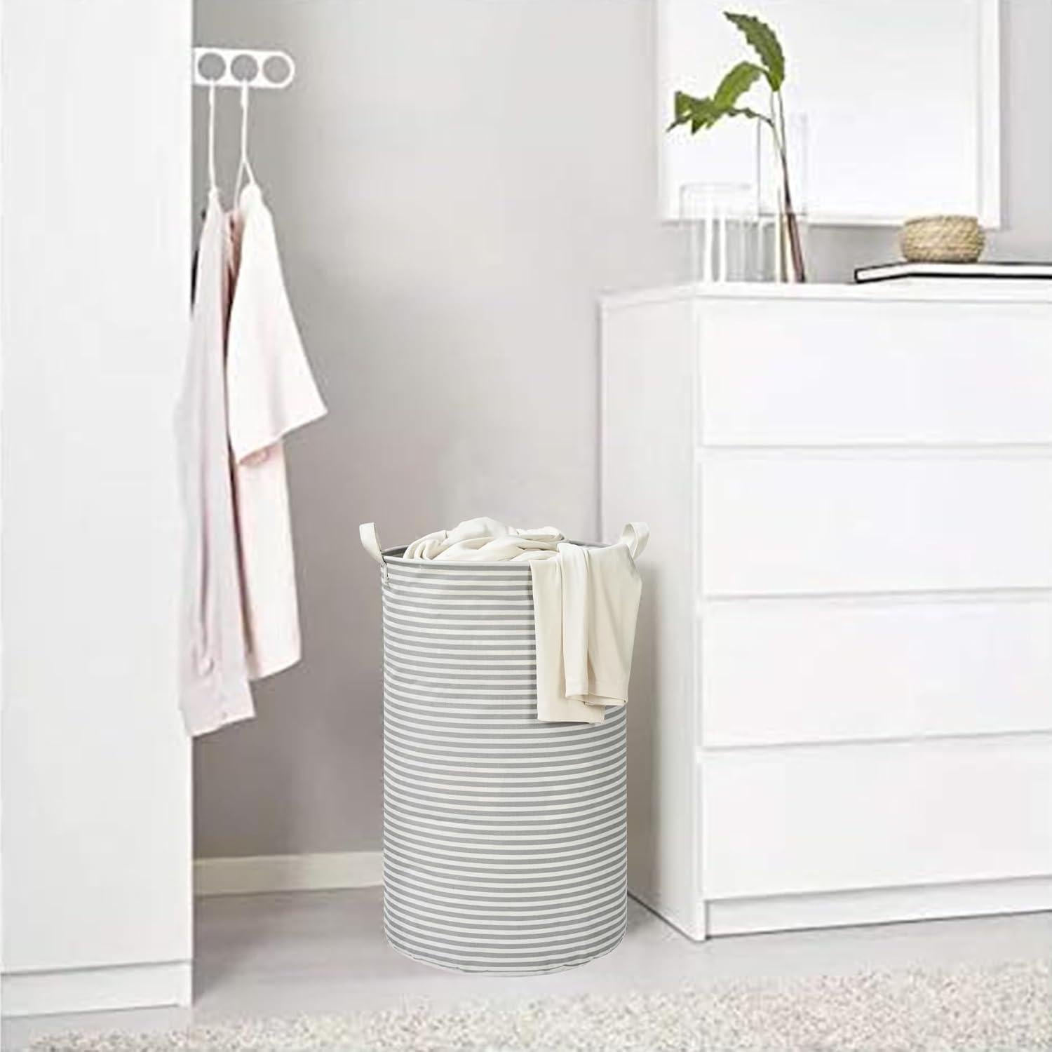 Cesta de Ropa Plegable Haungry 82L Rayas Grises Alta 62cm