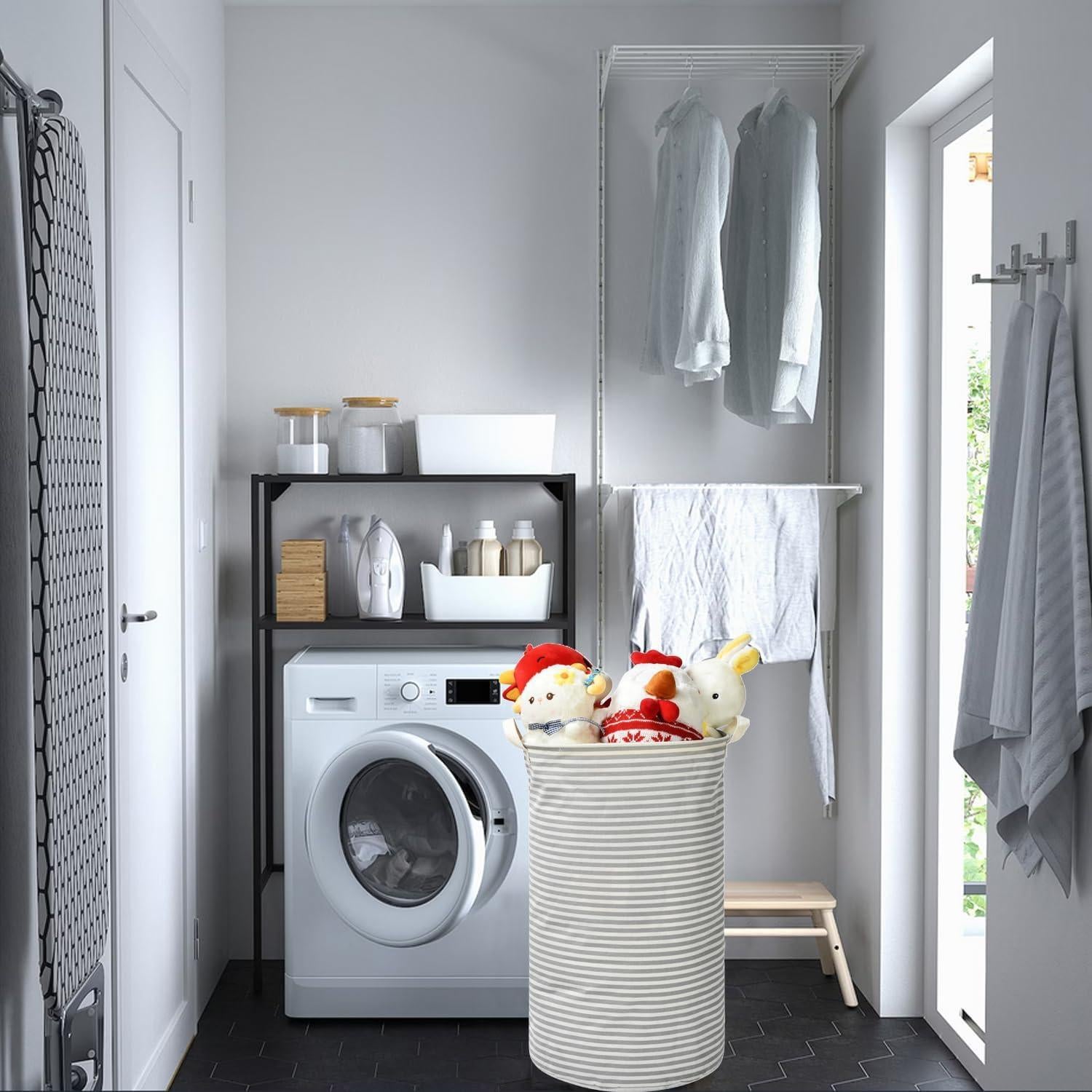 Cesta de Ropa Plegable Haungry 82L Rayas Grises Alta 62cm