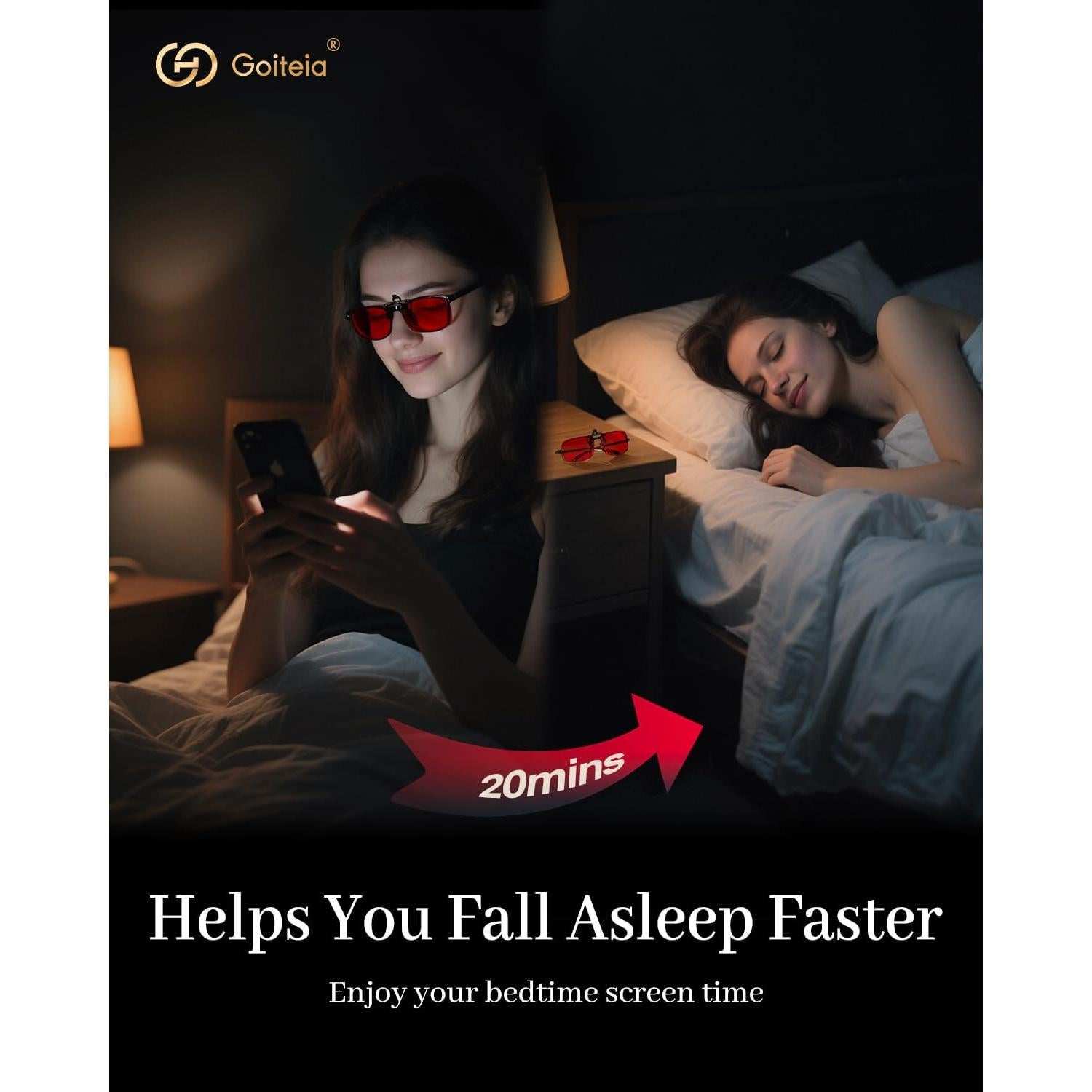 Goiteia Red Clip on Blue Light Blocking Glasses for Sleep-Block Blue & Green Light-Fast and Sound Sleep/Relieve Eye Strain