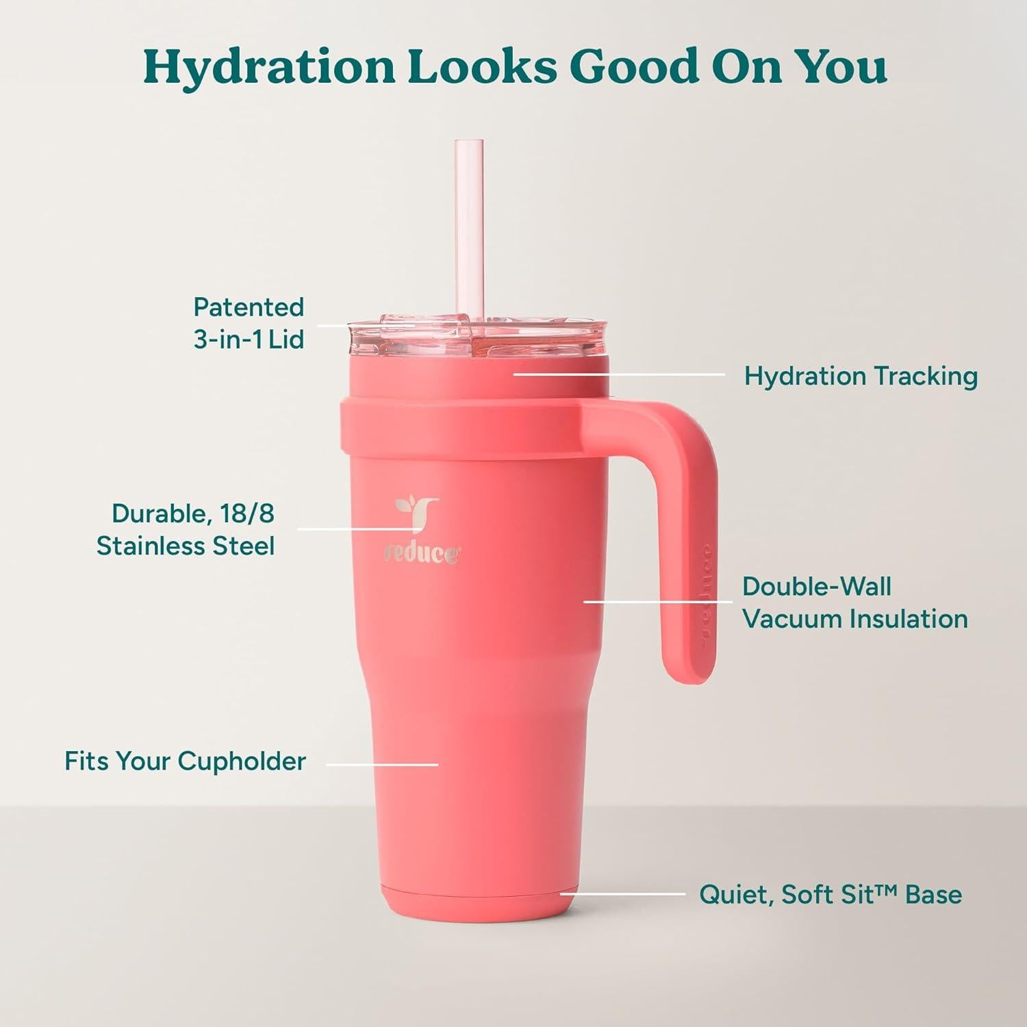 Vaso de Acero Inoxidable REDUCE 24 oz con Asa y Popote