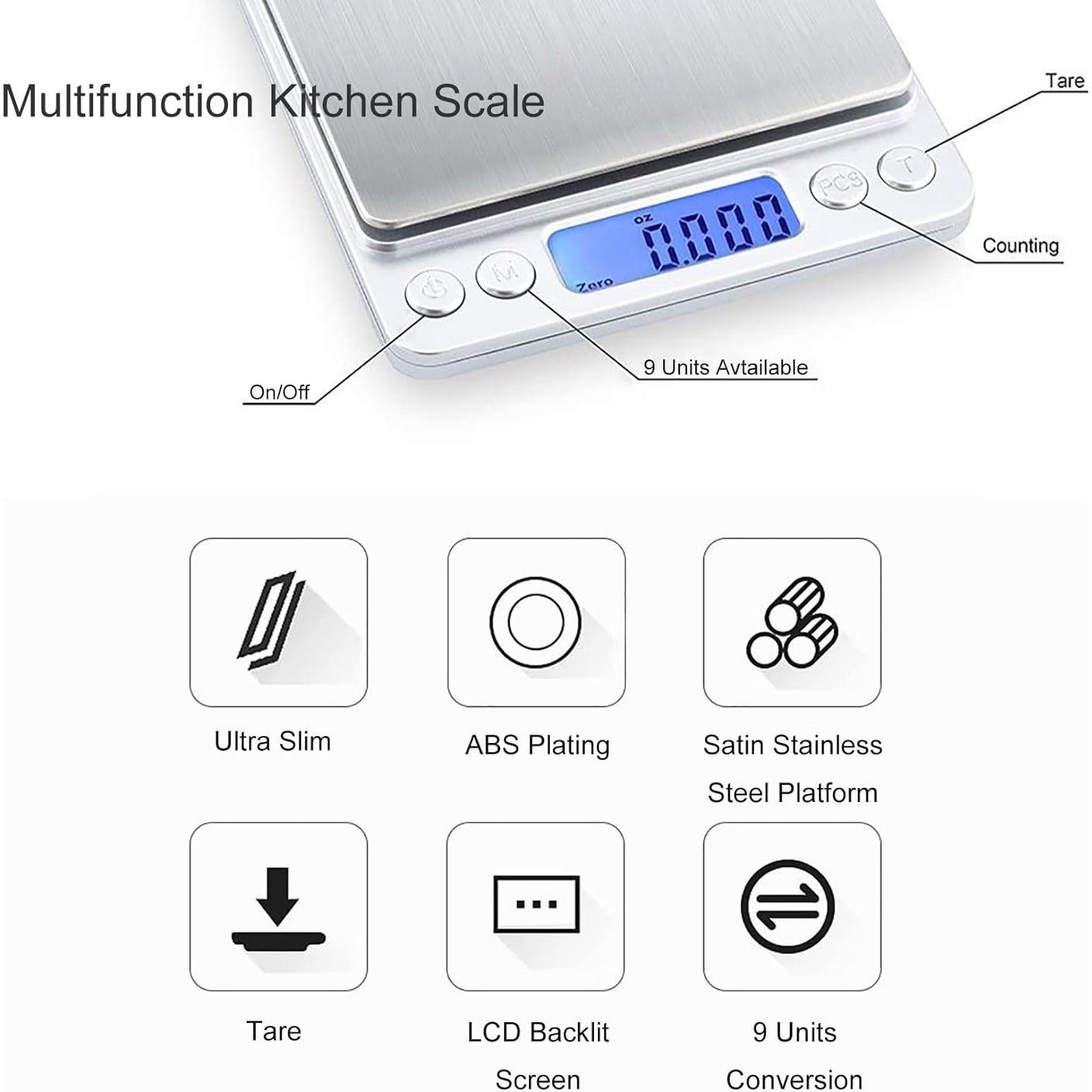 Báscula de Cocina Digital JOEAA 3000g/0.1g Acero Inoxidable