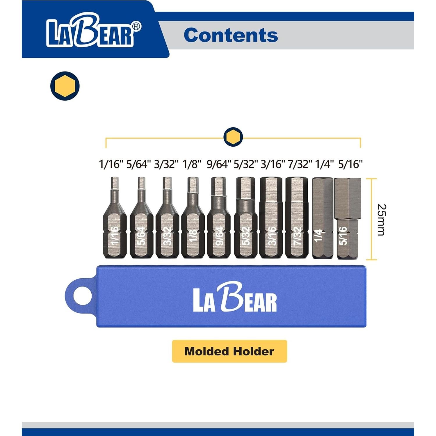 Juego de 10 Puntas de Destornillador Hexagonal LABEAR Acero S2