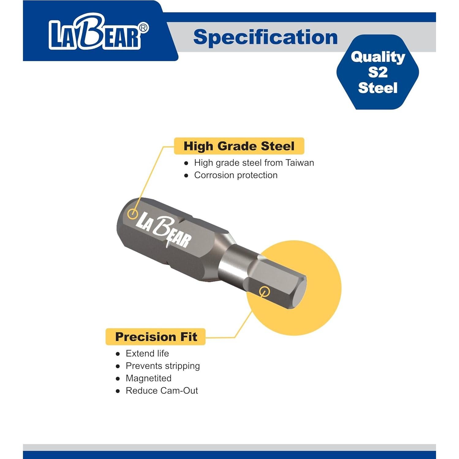 Juego de 10 Puntas de Destornillador Hexagonal LABEAR Acero S2