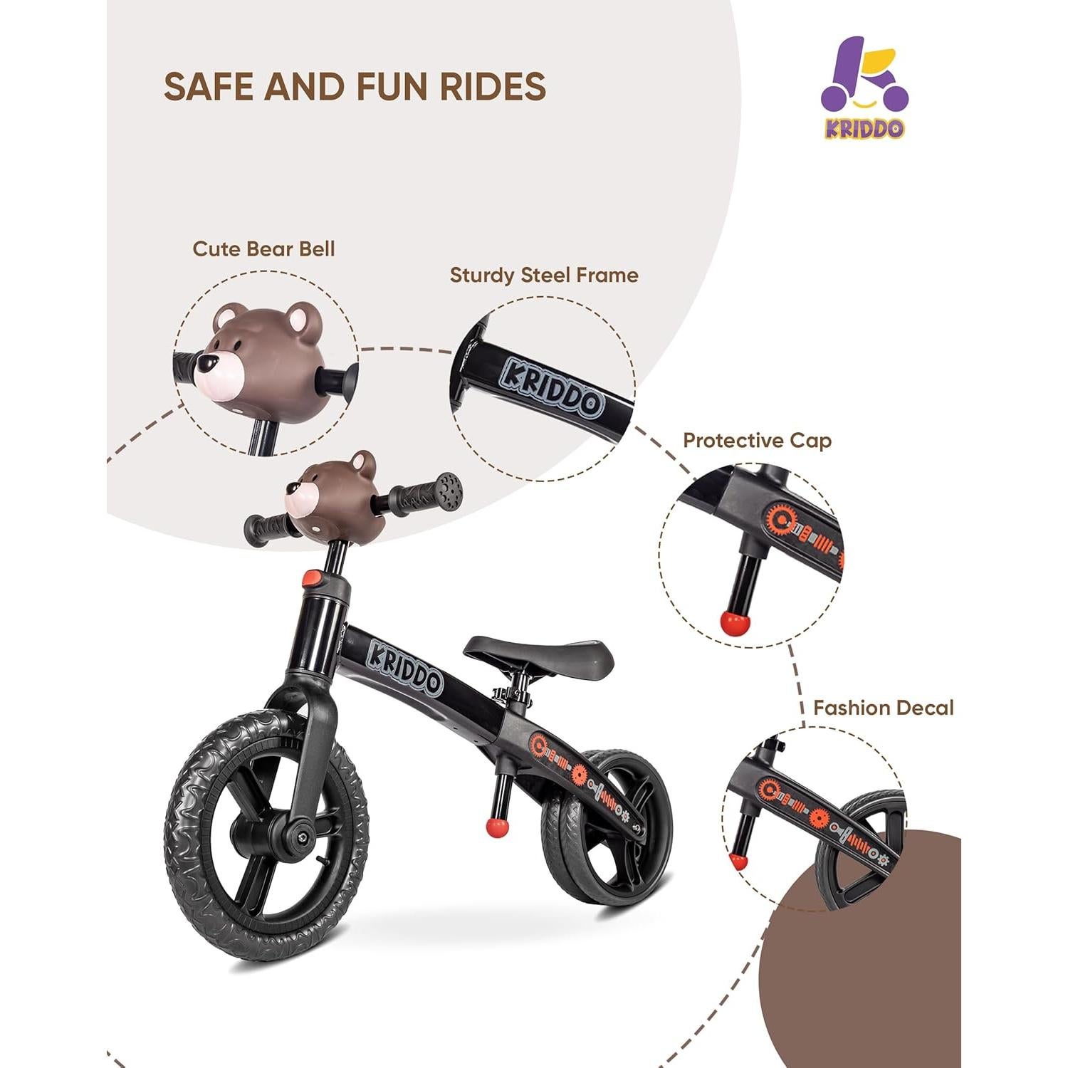 Bicicleta de Equilibrio KRIDDO para Niños 2 a 5 Años Negra