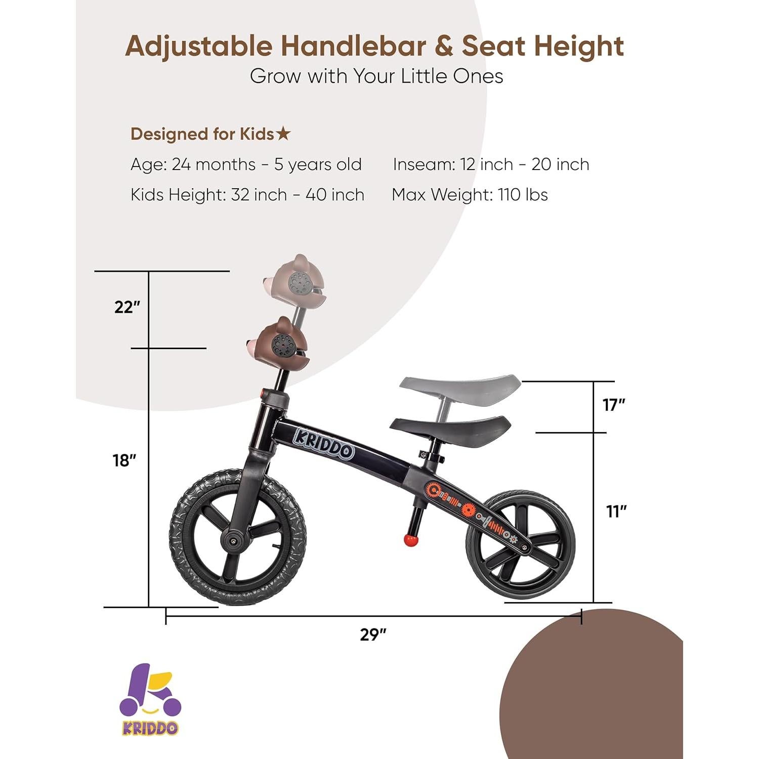 Bicicleta de Equilibrio KRIDDO para Niños 2 a 5 Años Negra