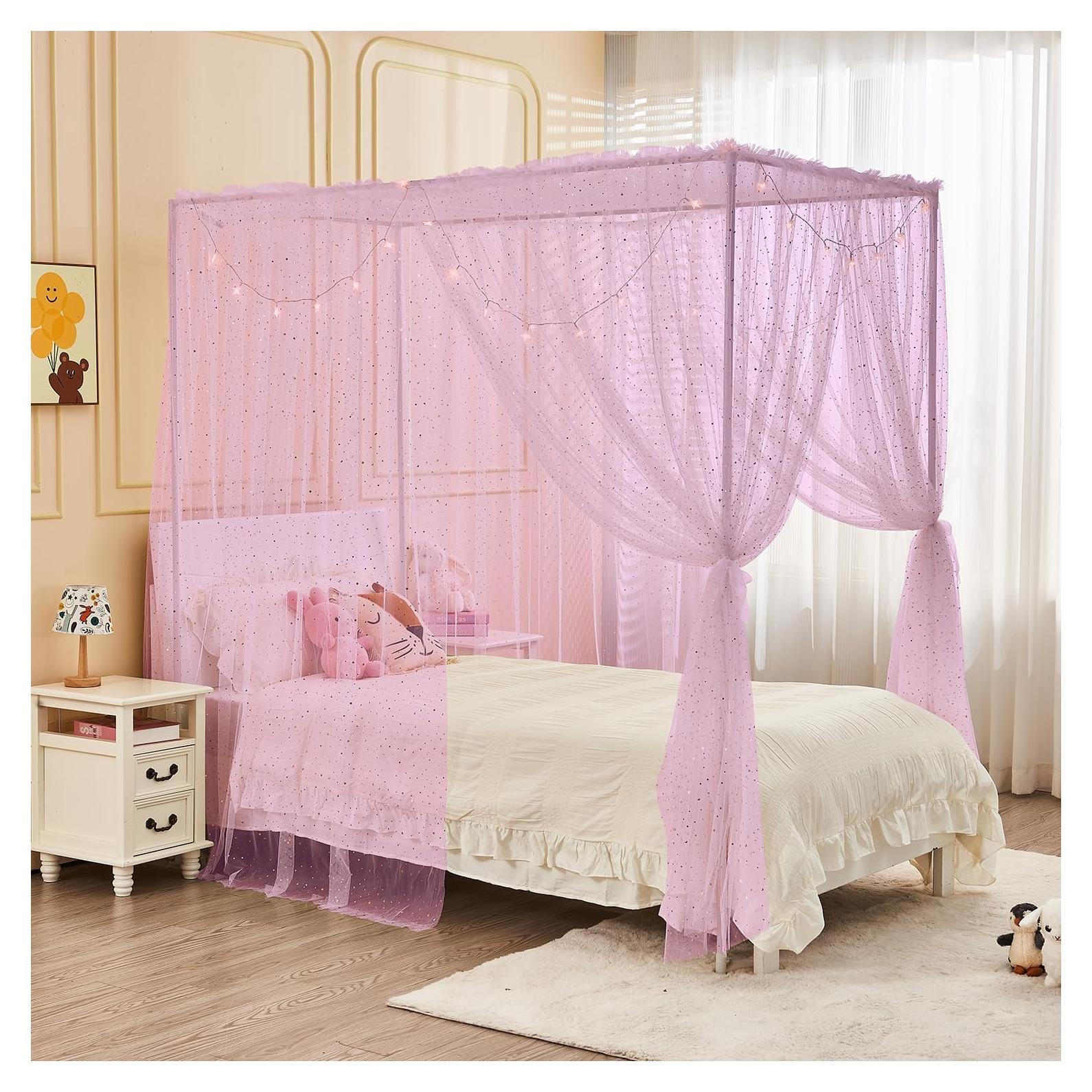 Dosel Rosa Brillante con Luces JQWUPUP para Cama Individual