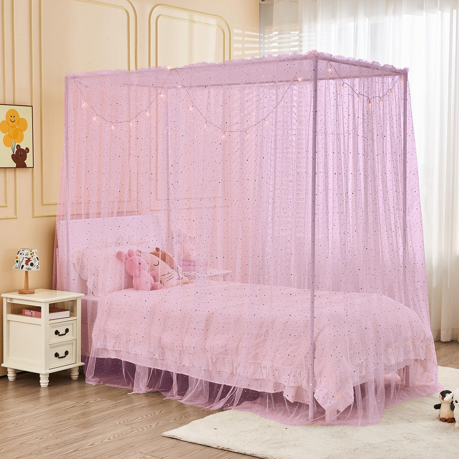 Dosel Rosa Brillante con Luces JQWUPUP para Cama Individual