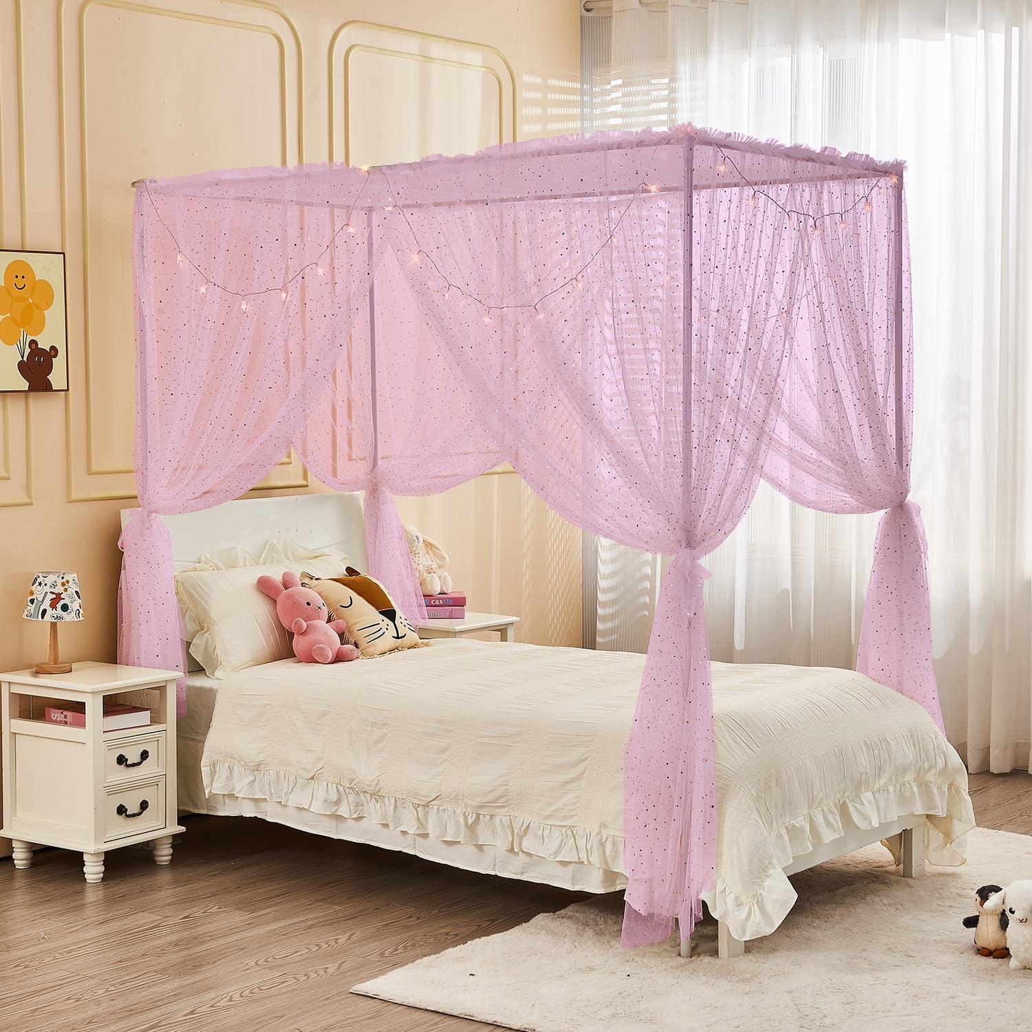 Dosel Rosa Brillante con Luces JQWUPUP para Cama Individual