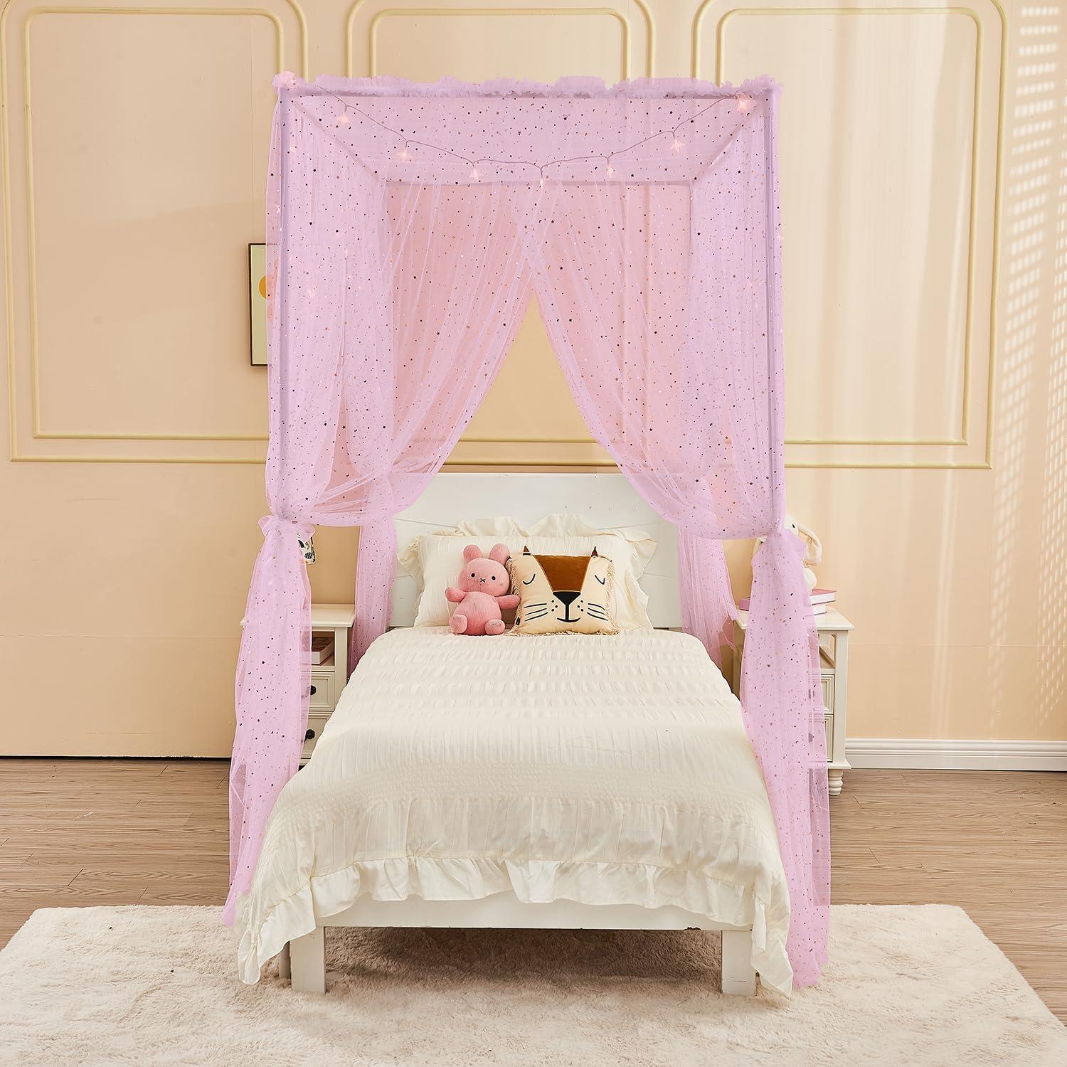 Dosel Rosa Brillante con Luces JQWUPUP para Cama Individual