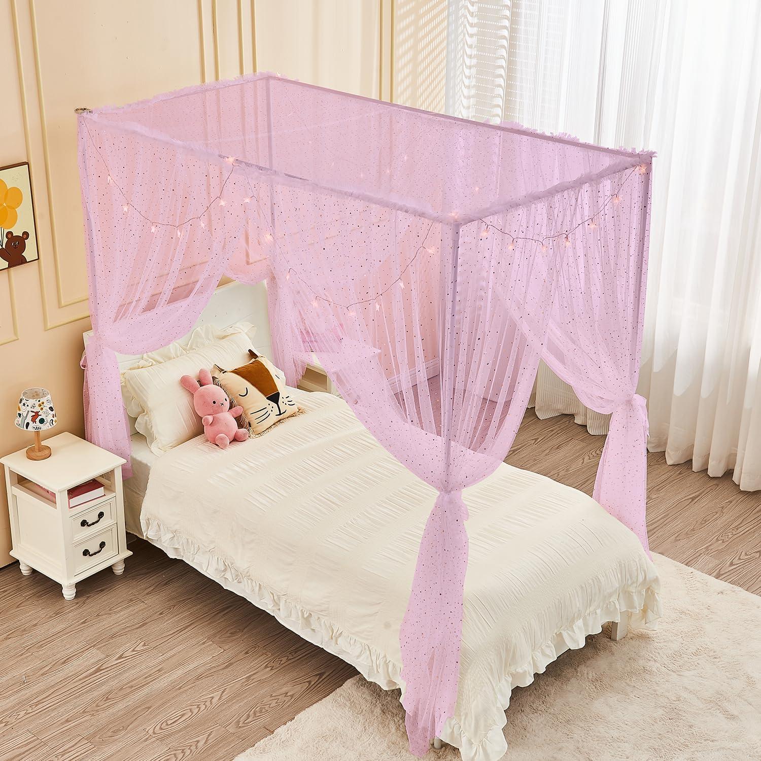 Dosel Rosa Brillante con Luces JQWUPUP para Cama Individual