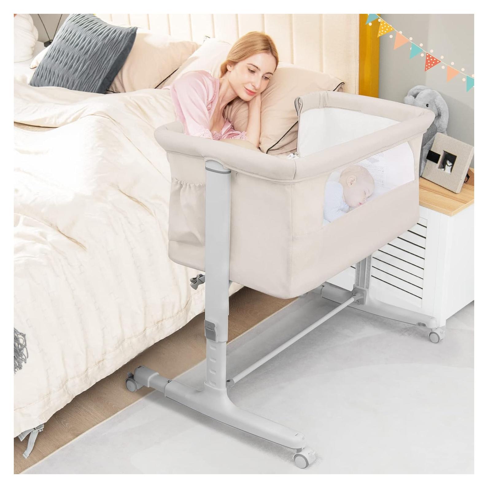 Cuna Lateral BABY JOY 3 en 1 Ajustable con Colchón y Ruedas