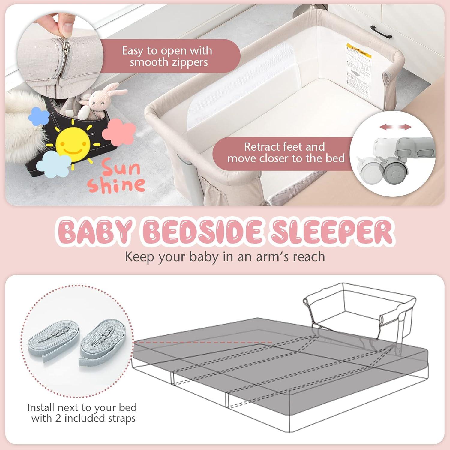 Cuna Lateral BABY JOY 3 en 1 Ajustable con Colchón y Ruedas