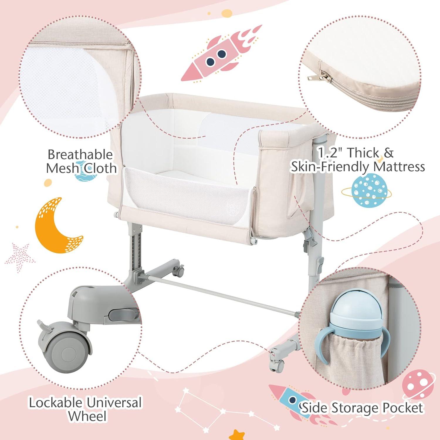 Cuna Lateral BABY JOY 3 en 1 Ajustable con Colchón y Ruedas