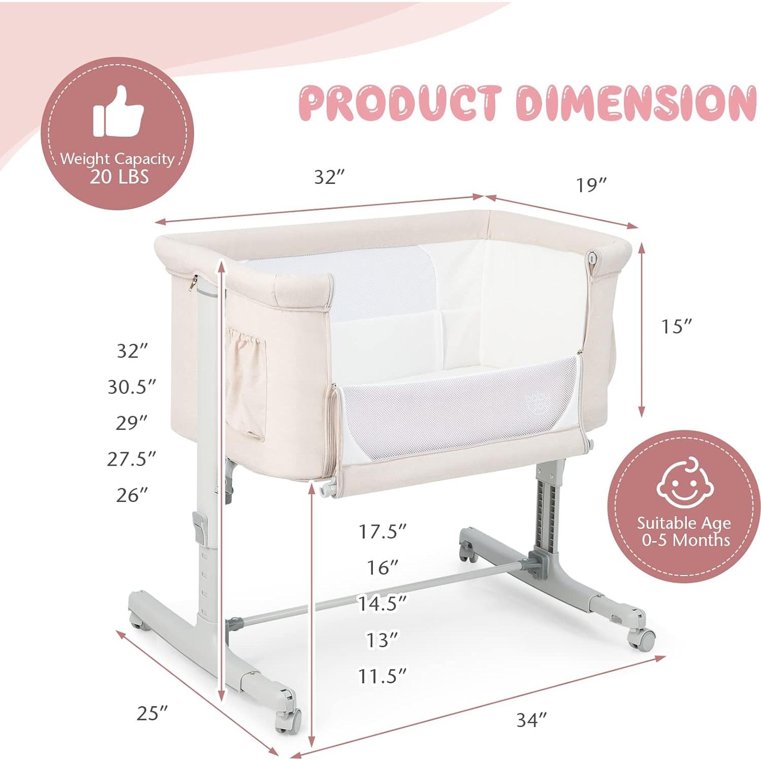 Cuna Lateral BABY JOY 3 en 1 Ajustable con Colchón y Ruedas