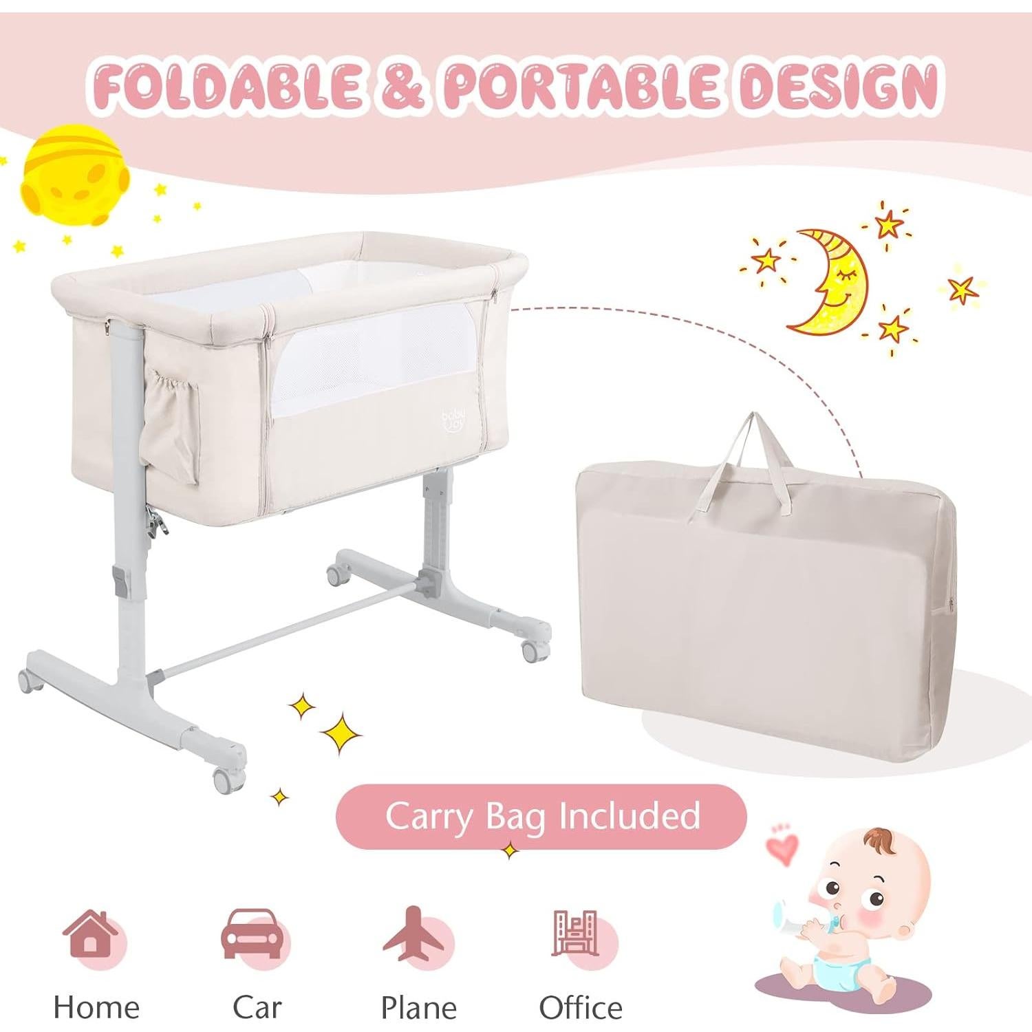 Cuna Lateral BABY JOY 3 en 1 Ajustable con Colchón y Ruedas