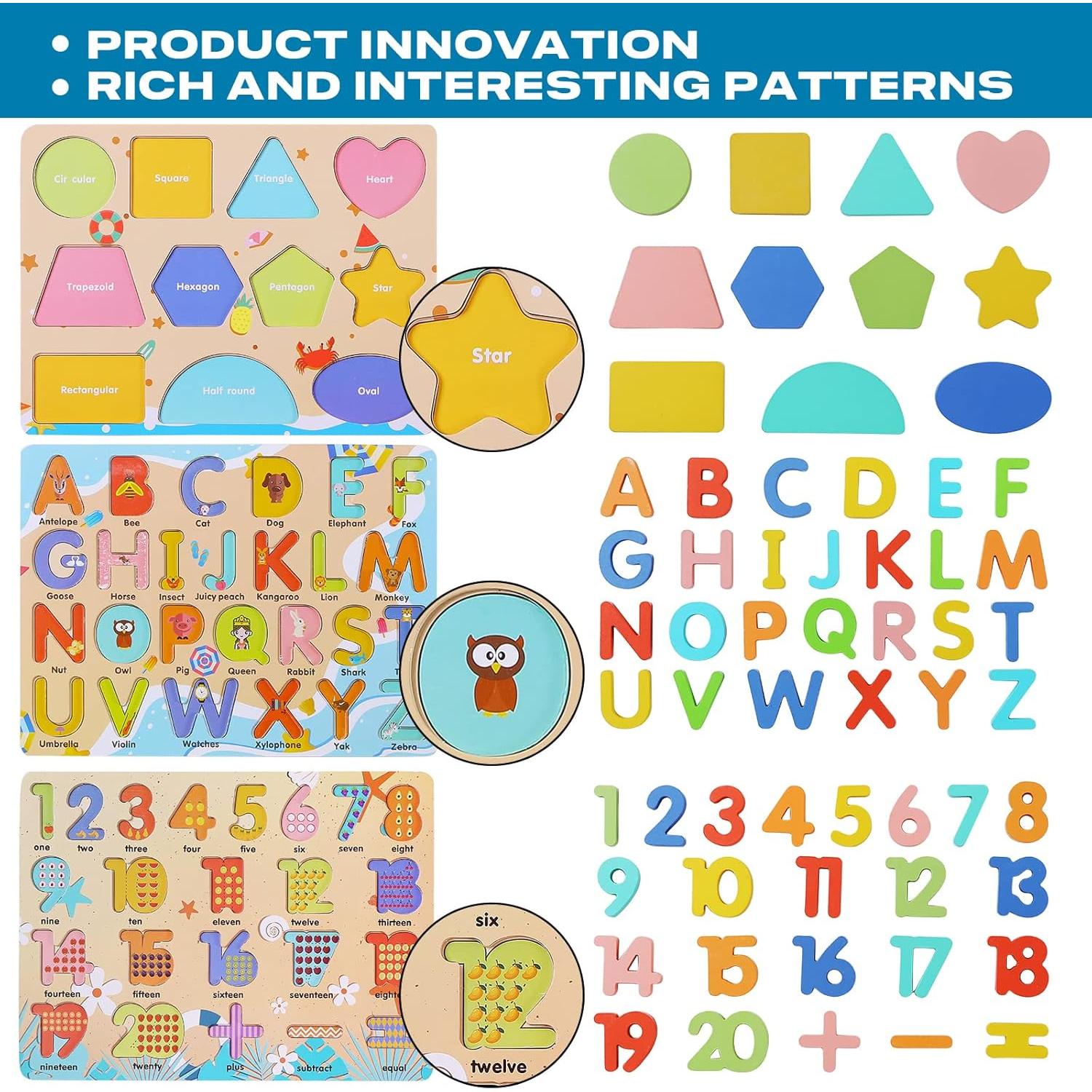 Rompecabezas de Madera Voamuw para Niños 3-6 Años - Letras, Números y Formas