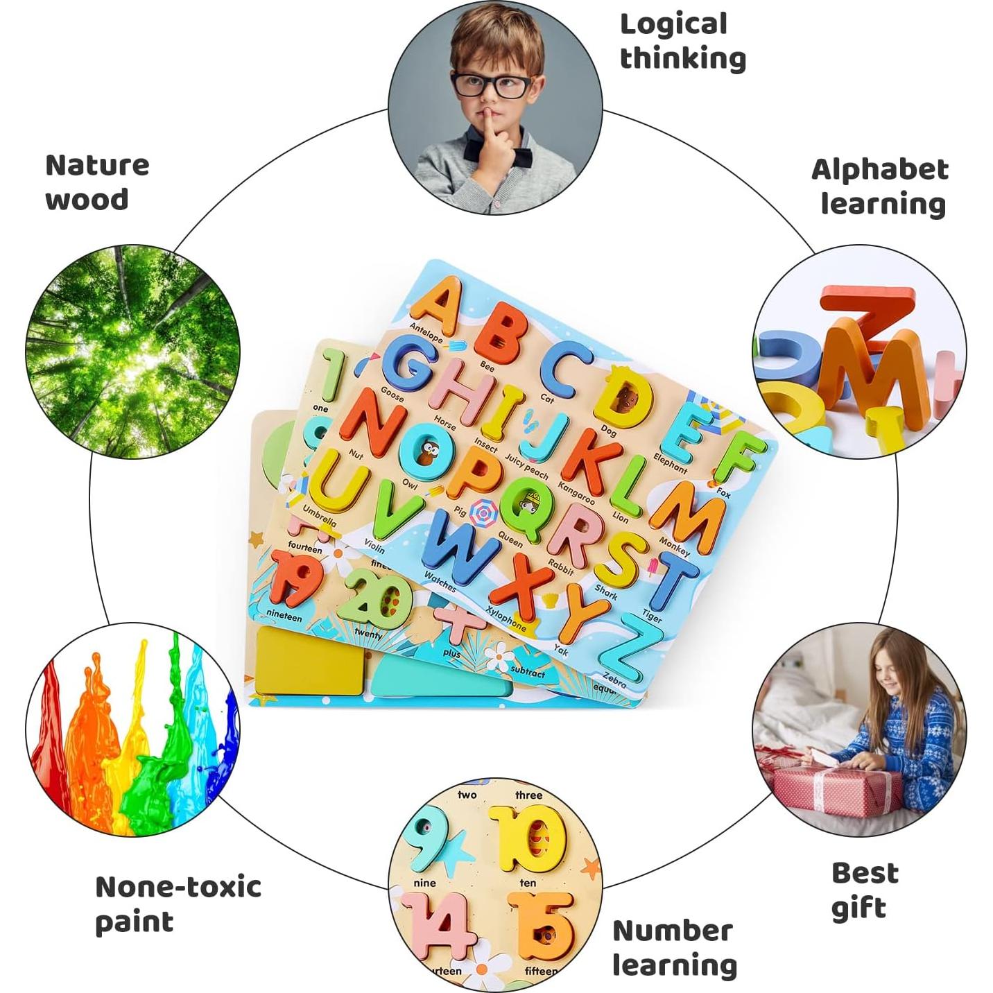 Rompecabezas de Madera Voamuw para Niños 3-6 Años - Letras, Números y Formas