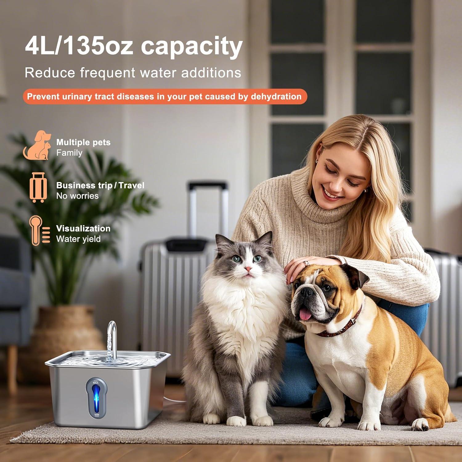 Fuente de Agua Automática para Gatos 4L Acero Inoxidable