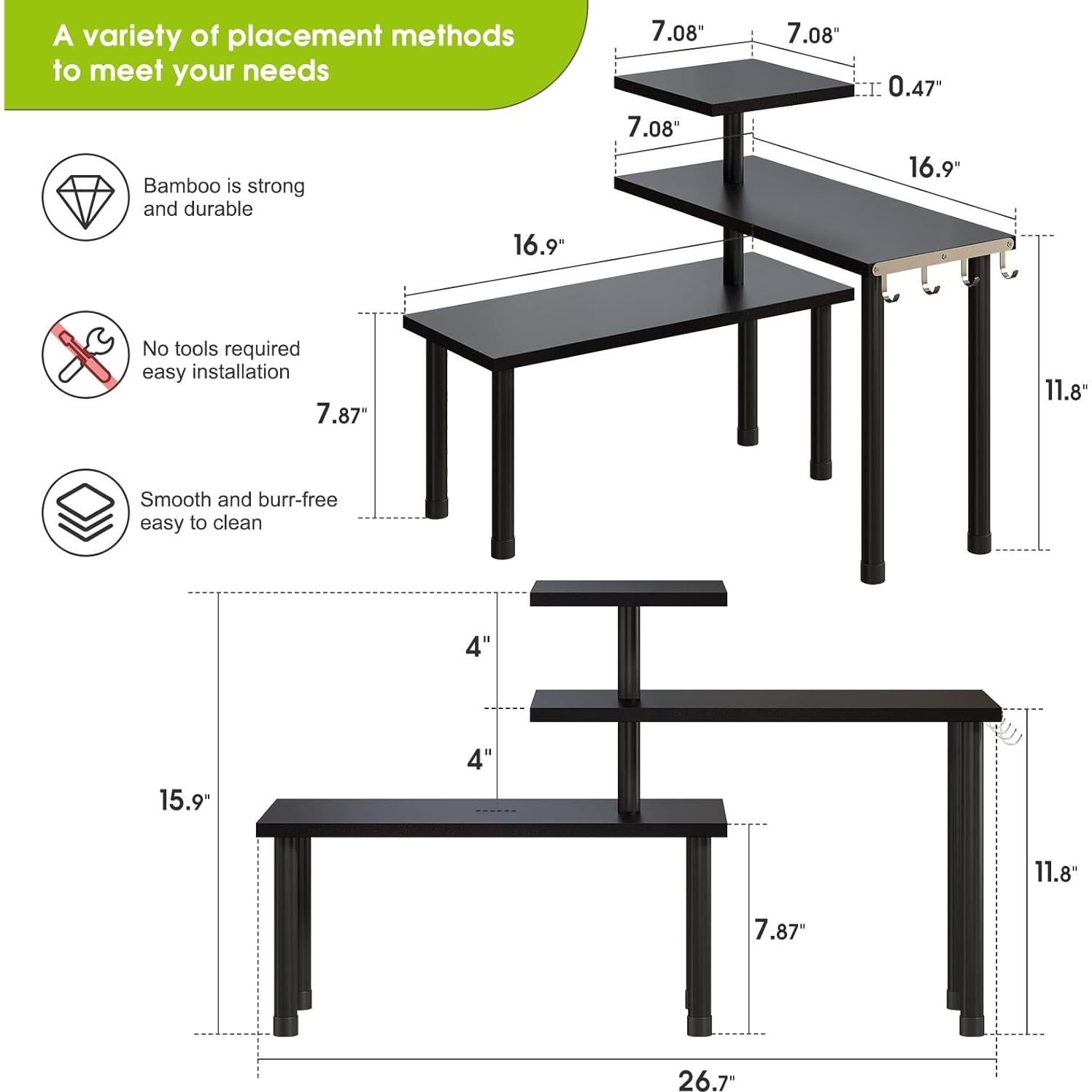 Estante de Esquina BMOSU Negro Ajustable con Ganchos 3 Niveles