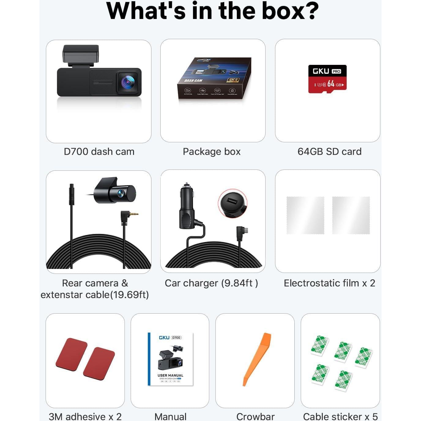 Cámara Dash GKU D700 Delantera y Trasera 4K+1080P GPS