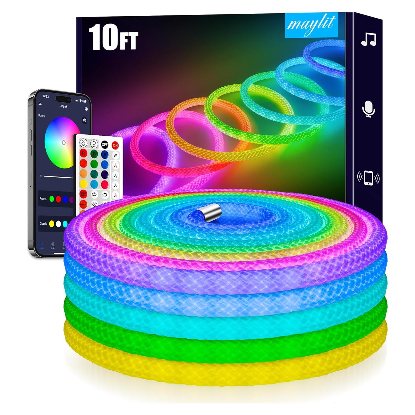 maylit 360 Degree Luminous Reticulate Weave Rope Lights, 10ft Addressable ICRGB LED Strip Lights, Music Sync, DIY Design, USB Powered Flexible LED Lights for Gaming Room Living Bedroom Wall Decor