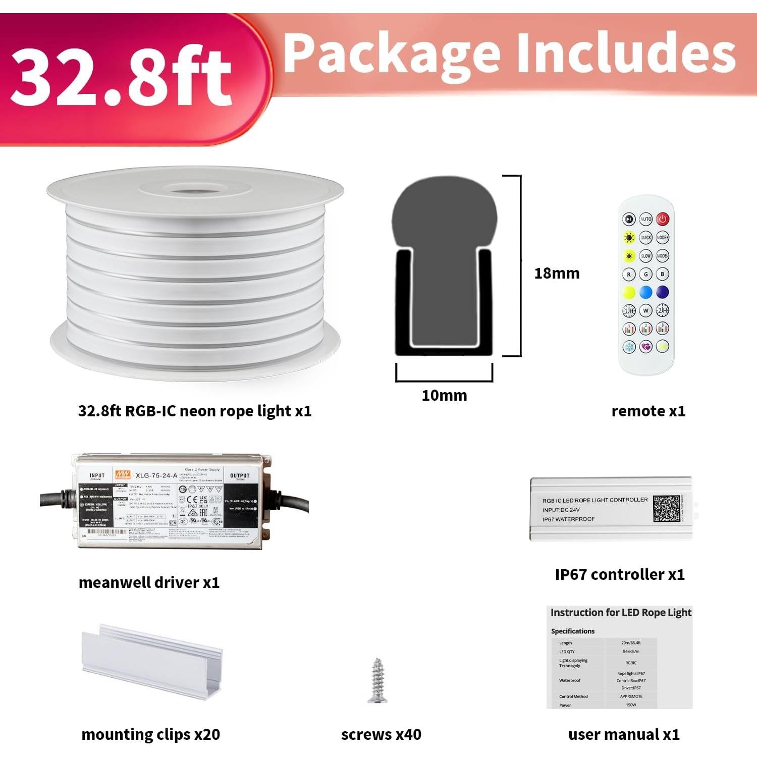 Luces de Cuerda Neón MEIYING 10m RGB-IC LED IP67 Control APP