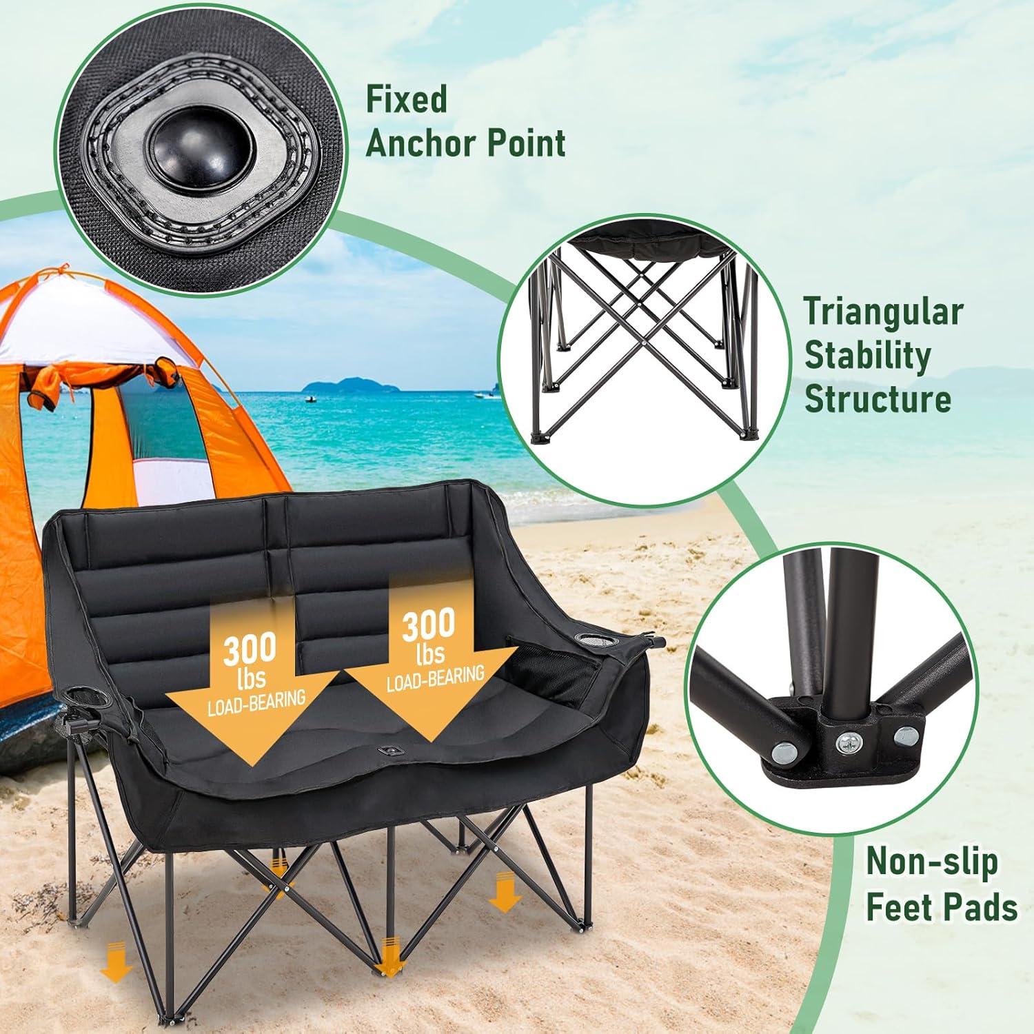 Silla de Camping Doble Ytaoeo Plegable Acolchada 272 kg Negro