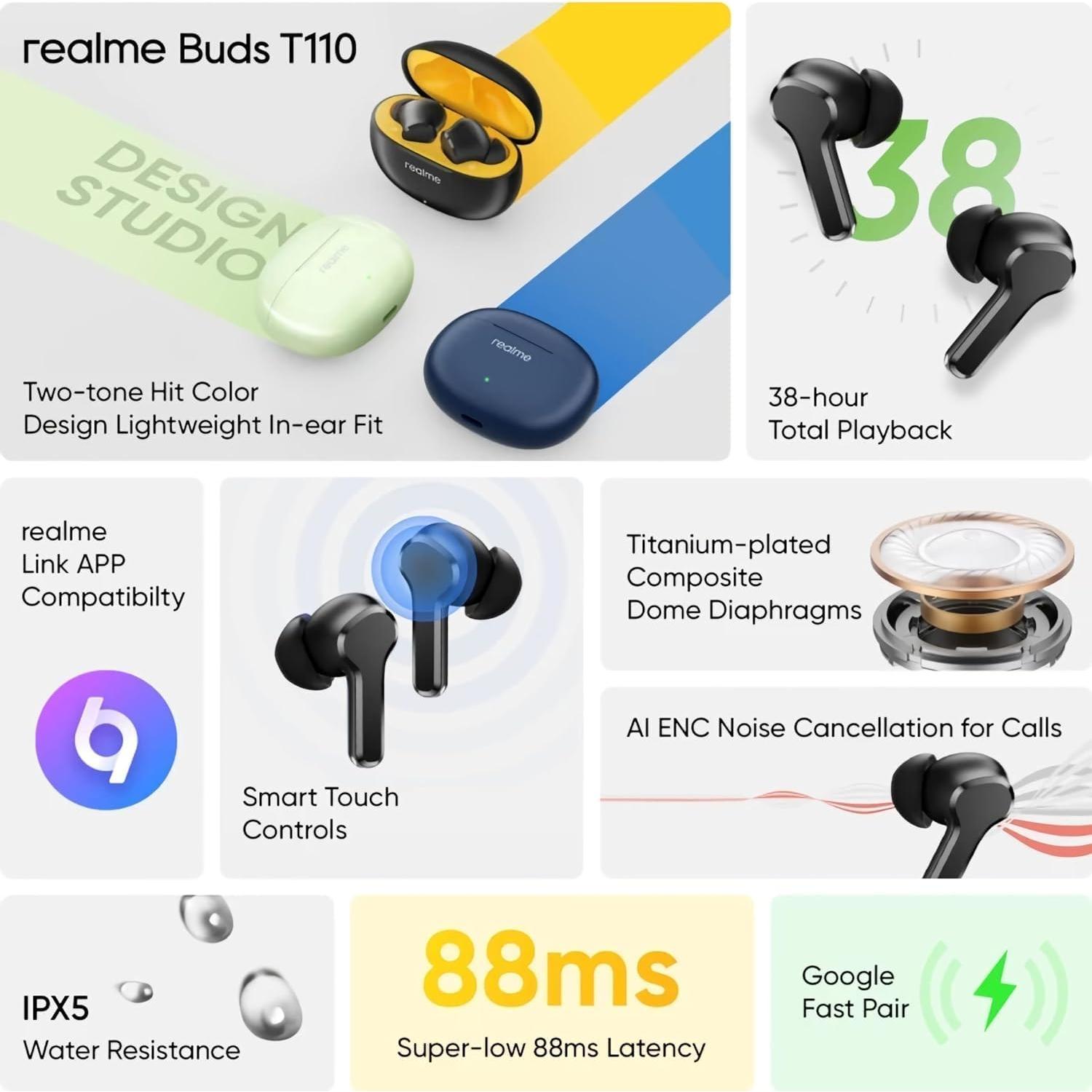 Auriculares Inalámbricos realme T110 con Cancelación de Ruido AI ENC