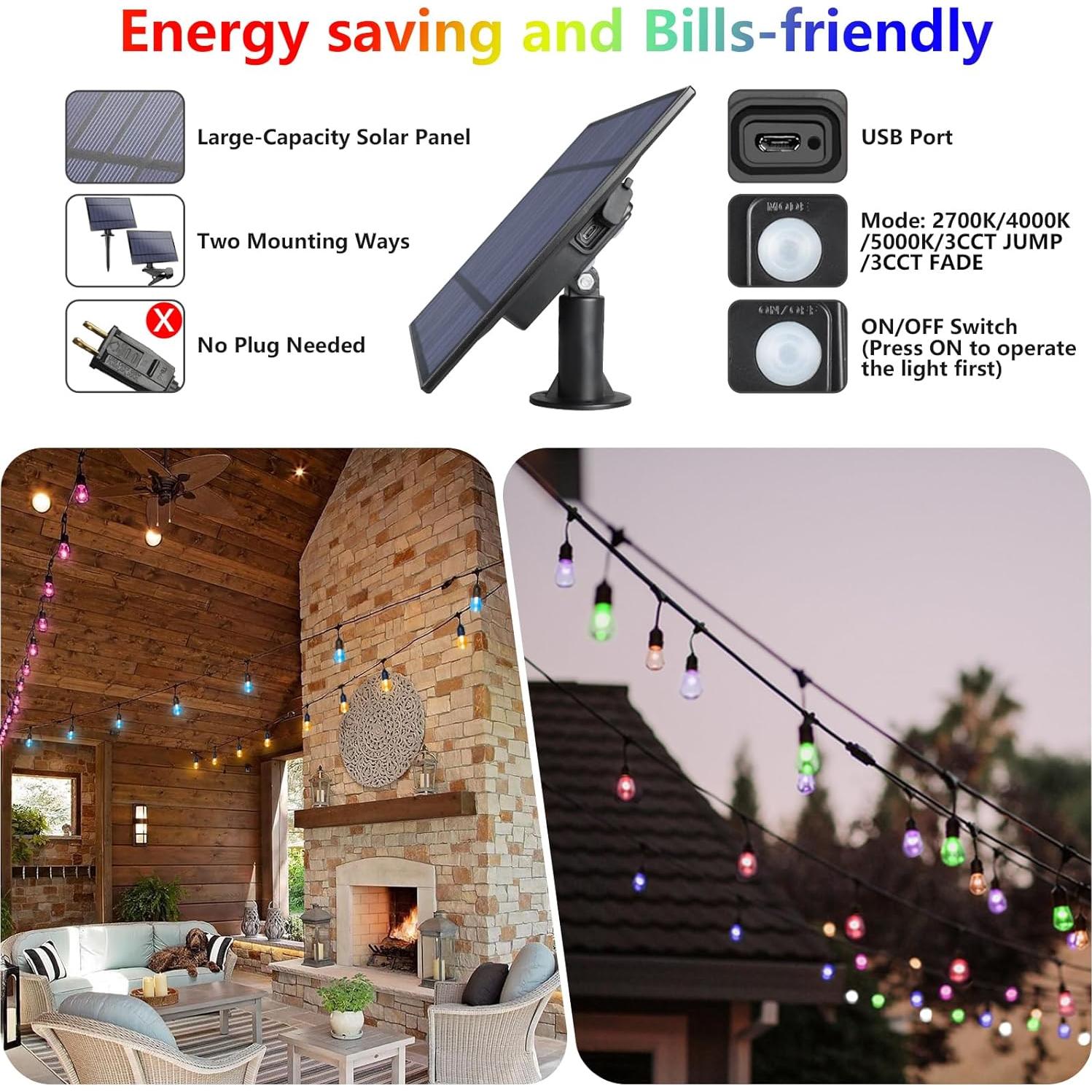 Luces de Cadena Solares RGB WENFENG 48FT 15 Bombillas LED