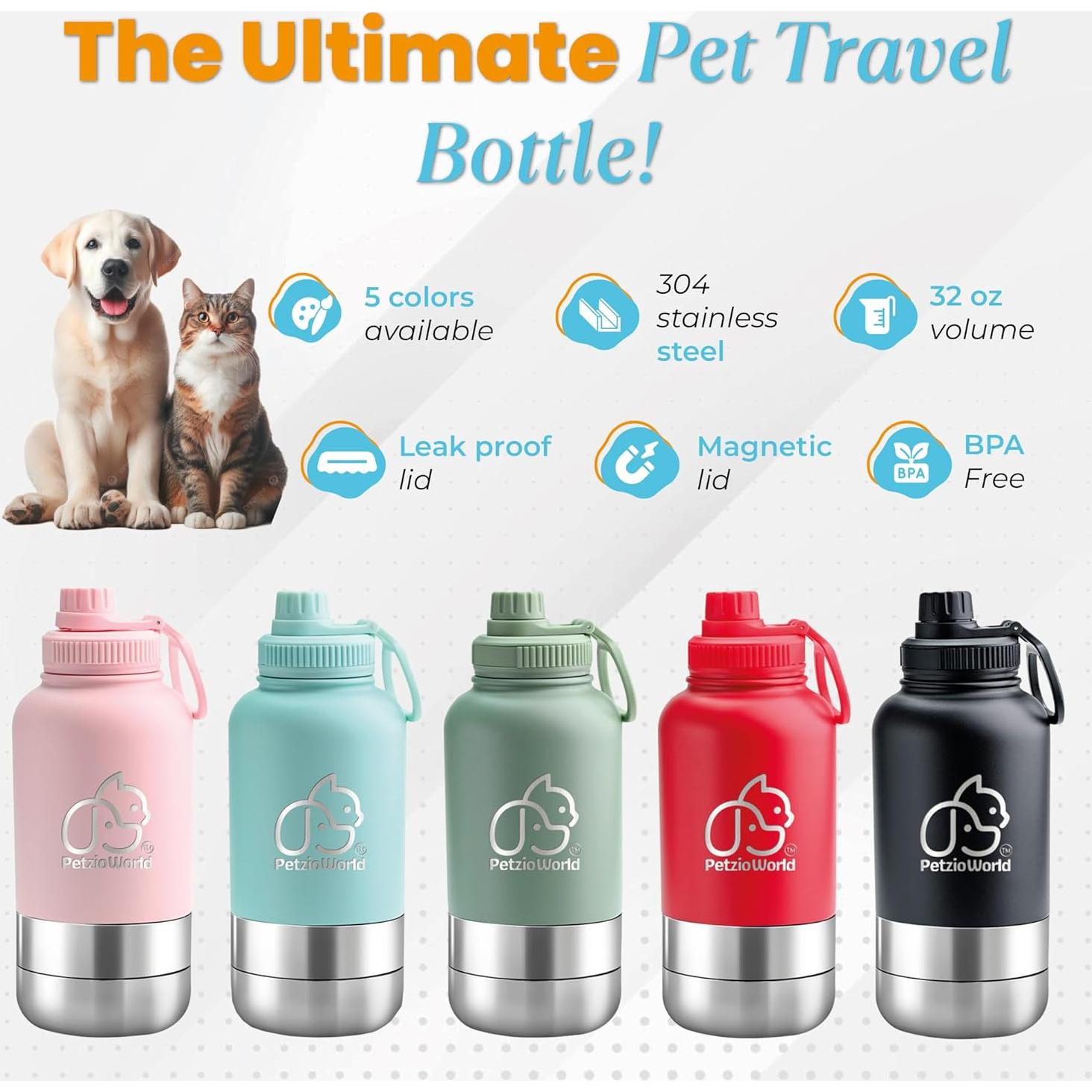 Botella de Agua Portátil PetzioWorld 0.95L con Cuencos Plegables