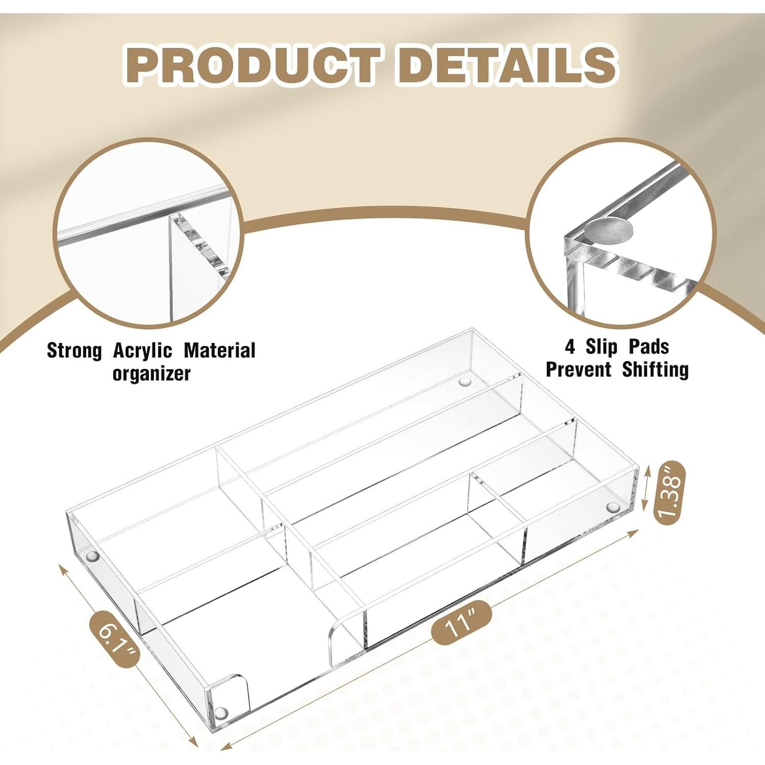 Organizador de Cajón de Escritorio Acrílico Briwooody 6 Compartimentos 28x15.5 cm