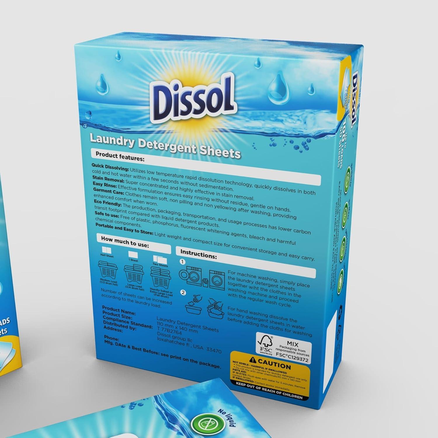 Hojas de Detergente para Ropa Dissol - 50 Hojas Hipoalergénicas