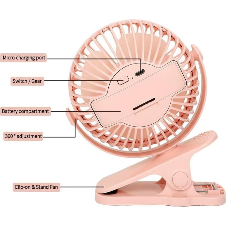Ventilador de Clip KONPWAY 10 cm Recargable Rosa