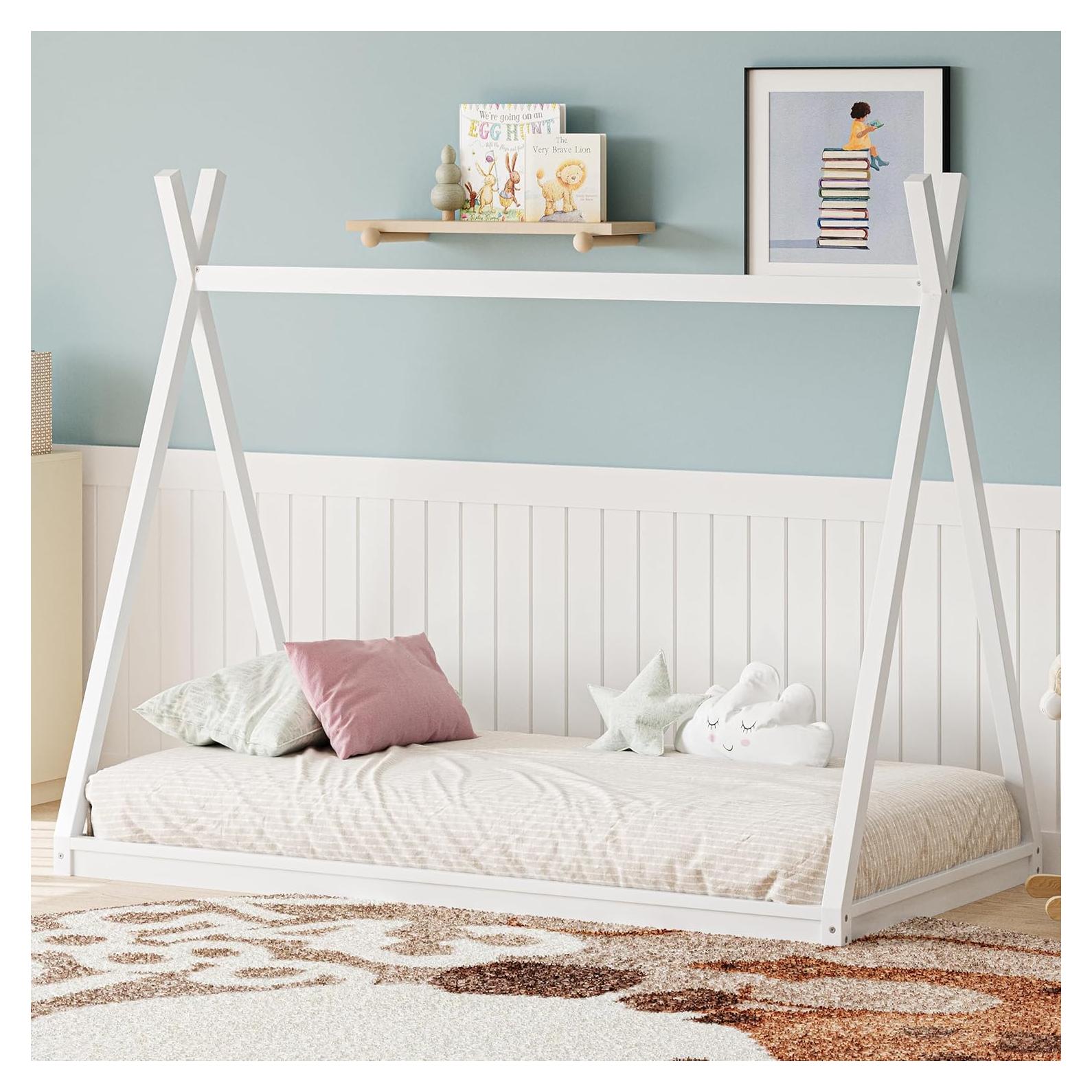 Twin Size House Beds with Tent for Kids, Wood Montessori Teepee Bed, Low Floor Bed for Boys Girls Teens, Without Slats, Easy Assembly, White
