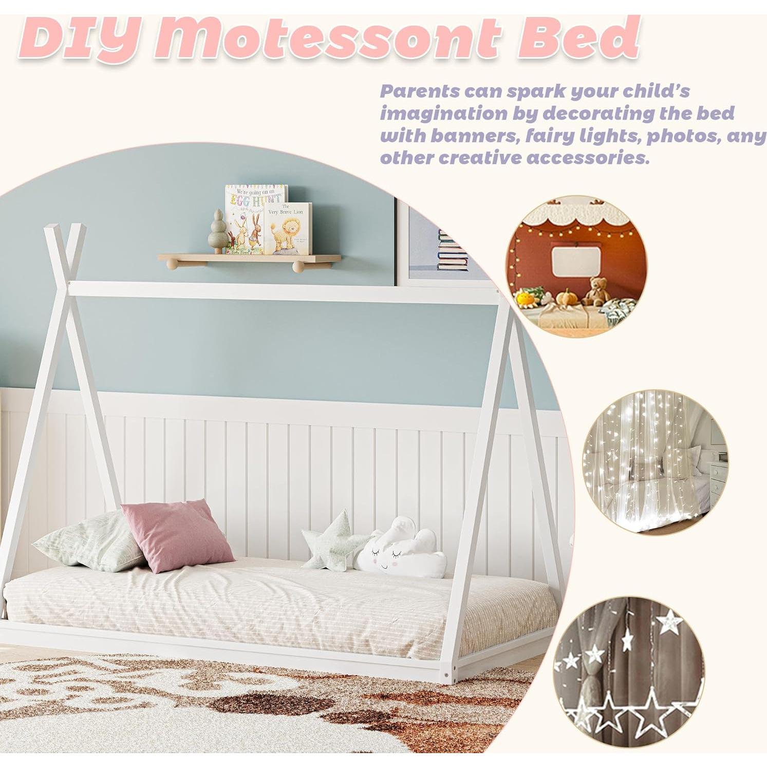 Twin Size House Beds with Tent for Kids, Wood Montessori Teepee Bed, Low Floor Bed for Boys Girls Teens, Without Slats, Easy Assembly, White