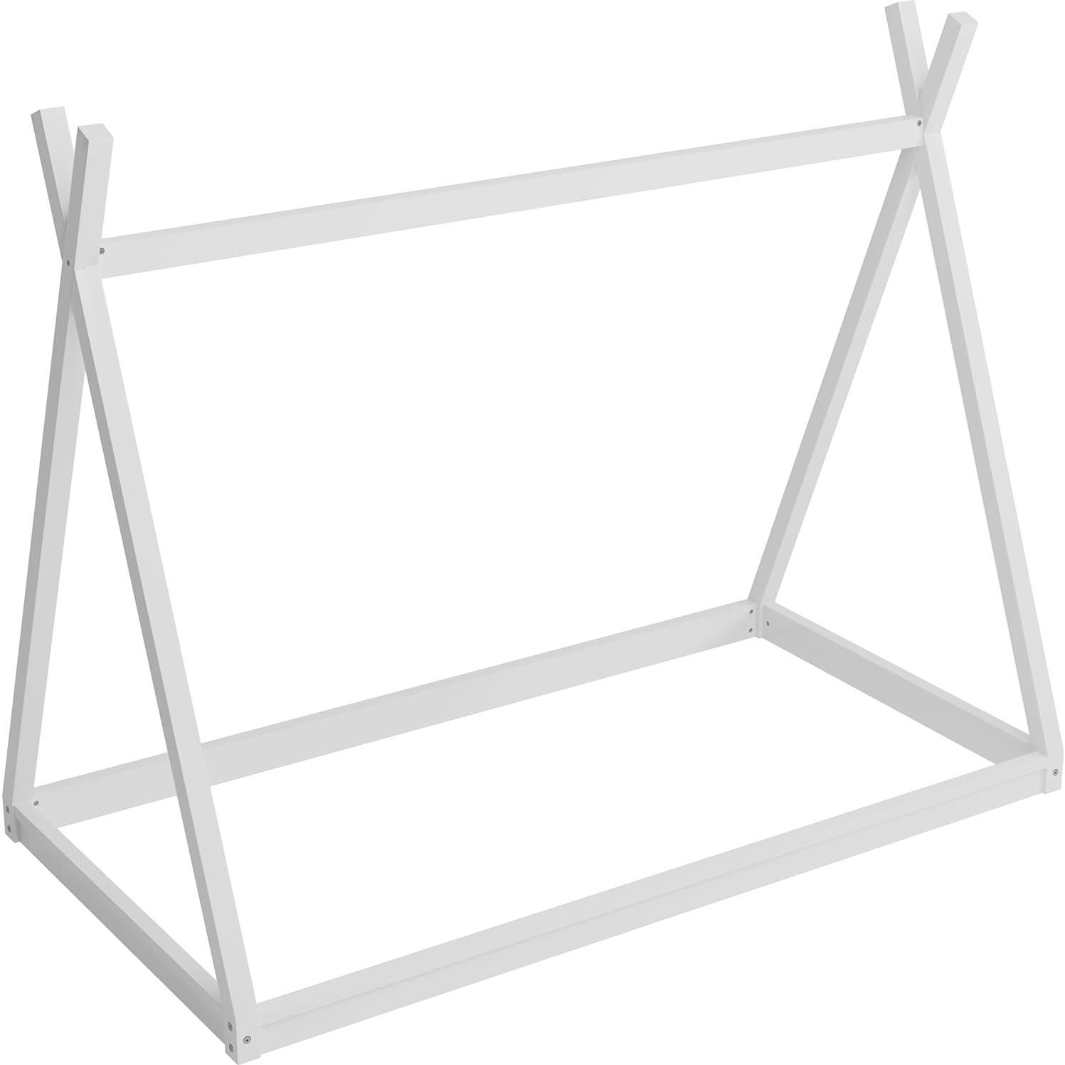 Twin Size House Beds with Tent for Kids, Wood Montessori Teepee Bed, Low Floor Bed for Boys Girls Teens, Without Slats, Easy Assembly, White